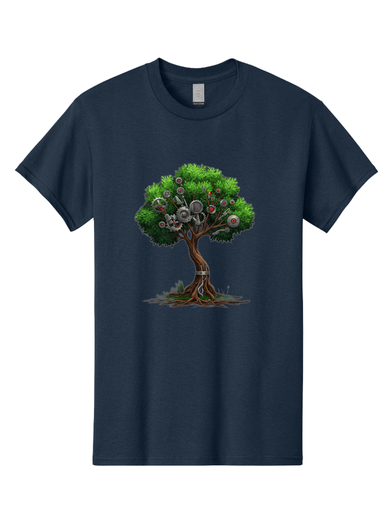 Machine-Tree Men'S Graphic Tee, 100% Cotton, Comfortable Casual Summer Wear, Machine Washable, Tree With Mechanical Parts, Gears And Machinery, Futuristic Design, Industrial Elements, Natural Meets Technology, Eco-Friendly Innovation, Baa963