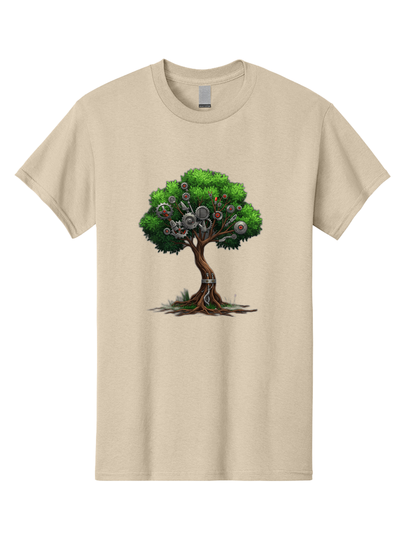 Machine-Tree Men'S Graphic Tee, 100% Cotton, Comfortable Casual Summer Wear, Machine Washable, Tree With Mechanical Parts, Gears And Machinery, Futuristic Design, Industrial Elements, Natural Meets Technology, Eco-Friendly Innovation, Baa963