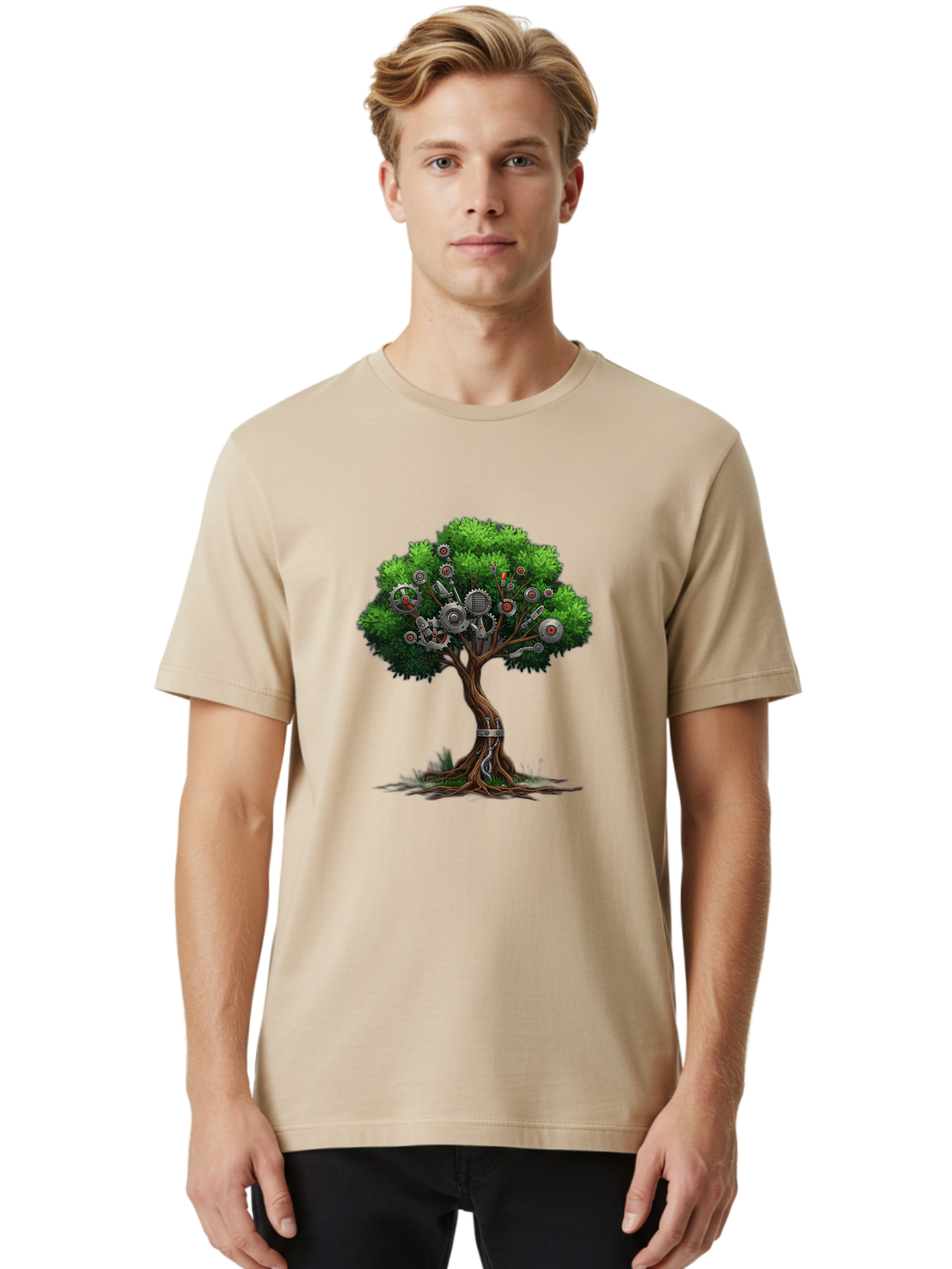 Machine-Tree Men'S Graphic Tee, 100% Cotton, Comfortable Casual Summer Wear, Machine Washable, Tree With Mechanical Parts, Gears And Machinery, Futuristic Design, Industrial Elements, Natural Meets Technology, Eco-Friendly Innovation, Baa963