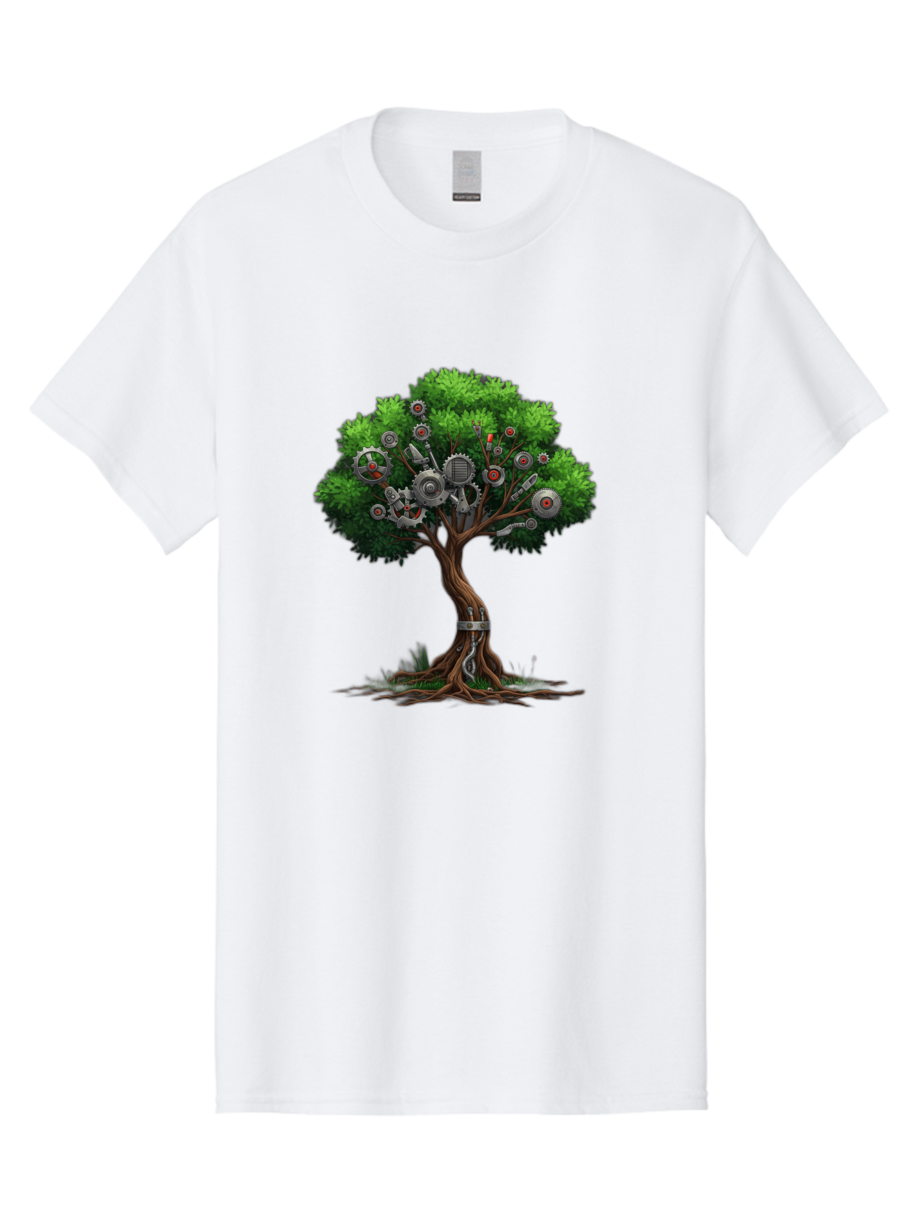 Machine-Tree Men'S Graphic Tee, 100% Cotton, Comfortable Casual Summer Wear, Machine Washable, Tree With Mechanical Parts, Gears And Machinery, Futuristic Design, Industrial Elements, Natural Meets Technology, Eco-Friendly Innovation, Baa963