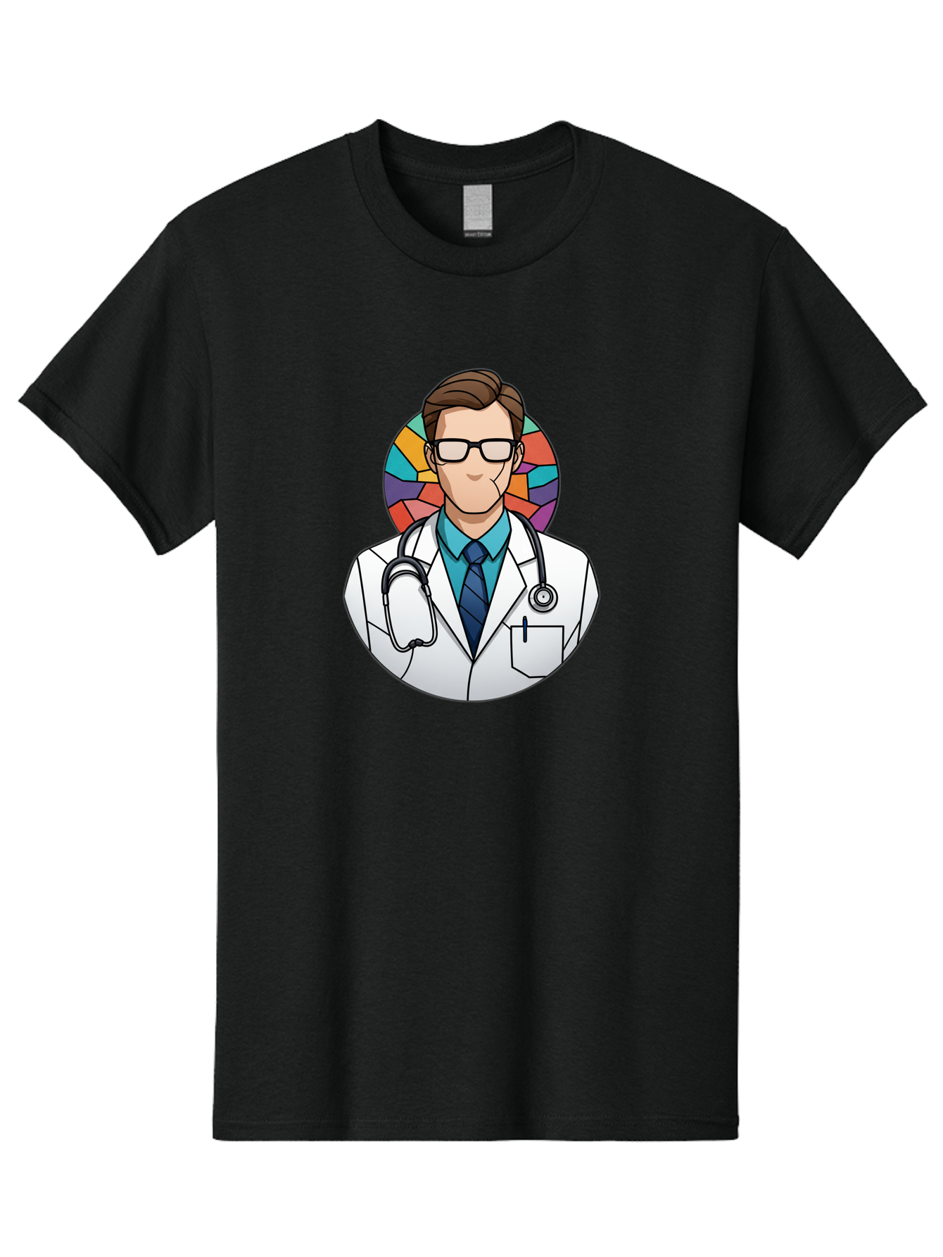 Male-Doctor Men'S Graphic Tee, 100% Cotton, Comfortable Casual Summer Wear, Machine Washable, Cartoon Doctor, Medical Professional, White Coat, Stethoscope, Blue Shirt, Tie, Glasses, Brown Hair, Multicolored Circle Baa965