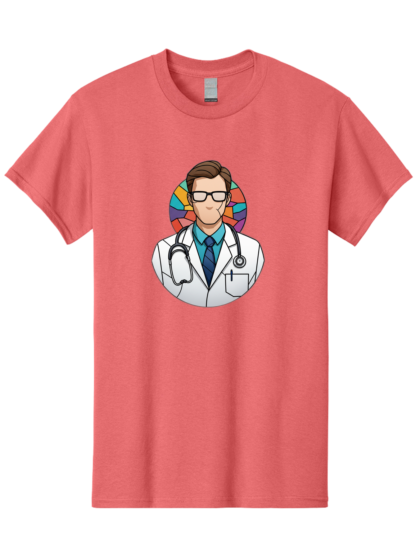 Male-Doctor Men'S Graphic Tee, 100% Cotton, Comfortable Casual Summer Wear, Machine Washable, Cartoon Doctor, Medical Professional, White Coat, Stethoscope, Blue Shirt, Tie, Glasses, Brown Hair, Multicolored Circle Baa965