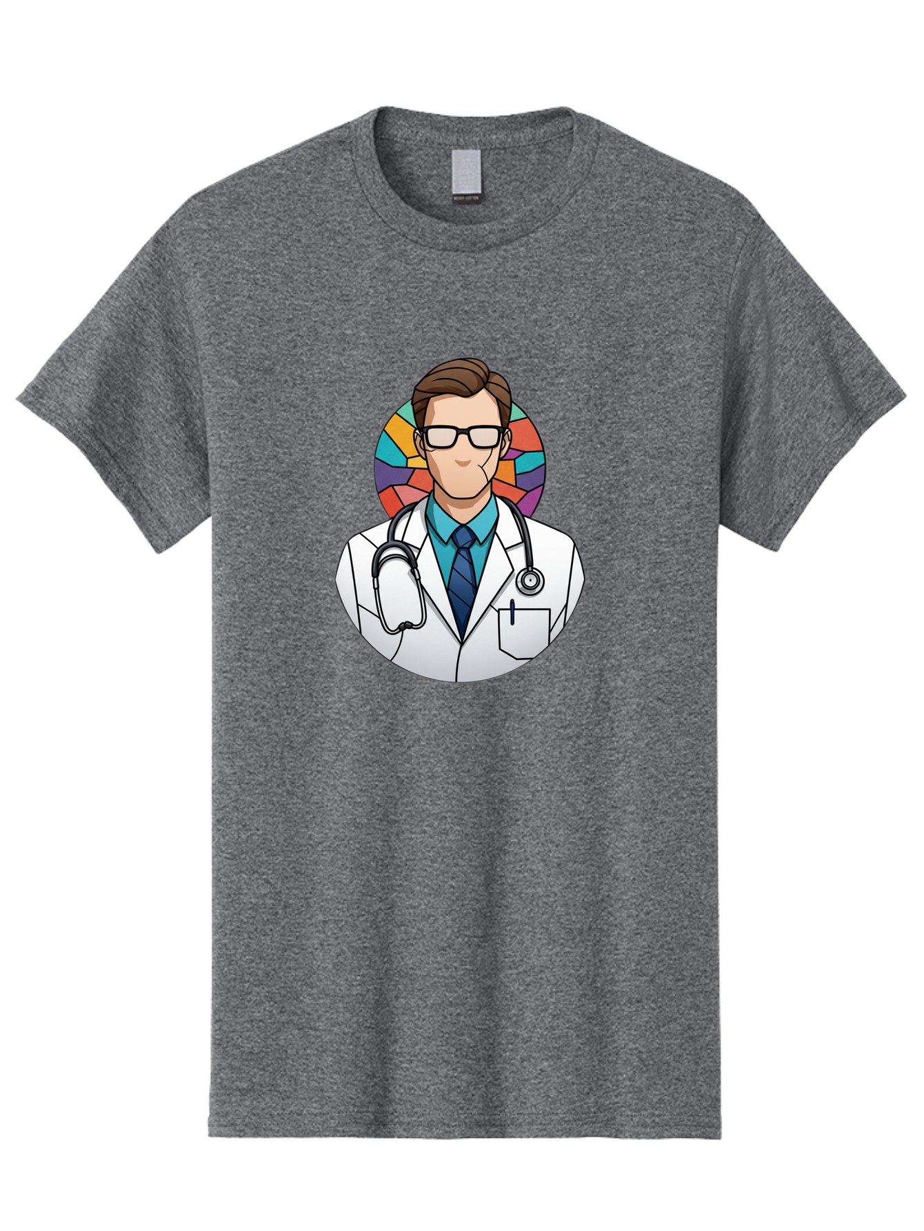 Male-Doctor Men'S Graphic Tee, 100% Cotton, Comfortable Casual Summer Wear, Machine Washable, Cartoon Doctor, Medical Professional, White Coat, Stethoscope, Blue Shirt, Tie, Glasses, Brown Hair, Multicolored Circle Baa965