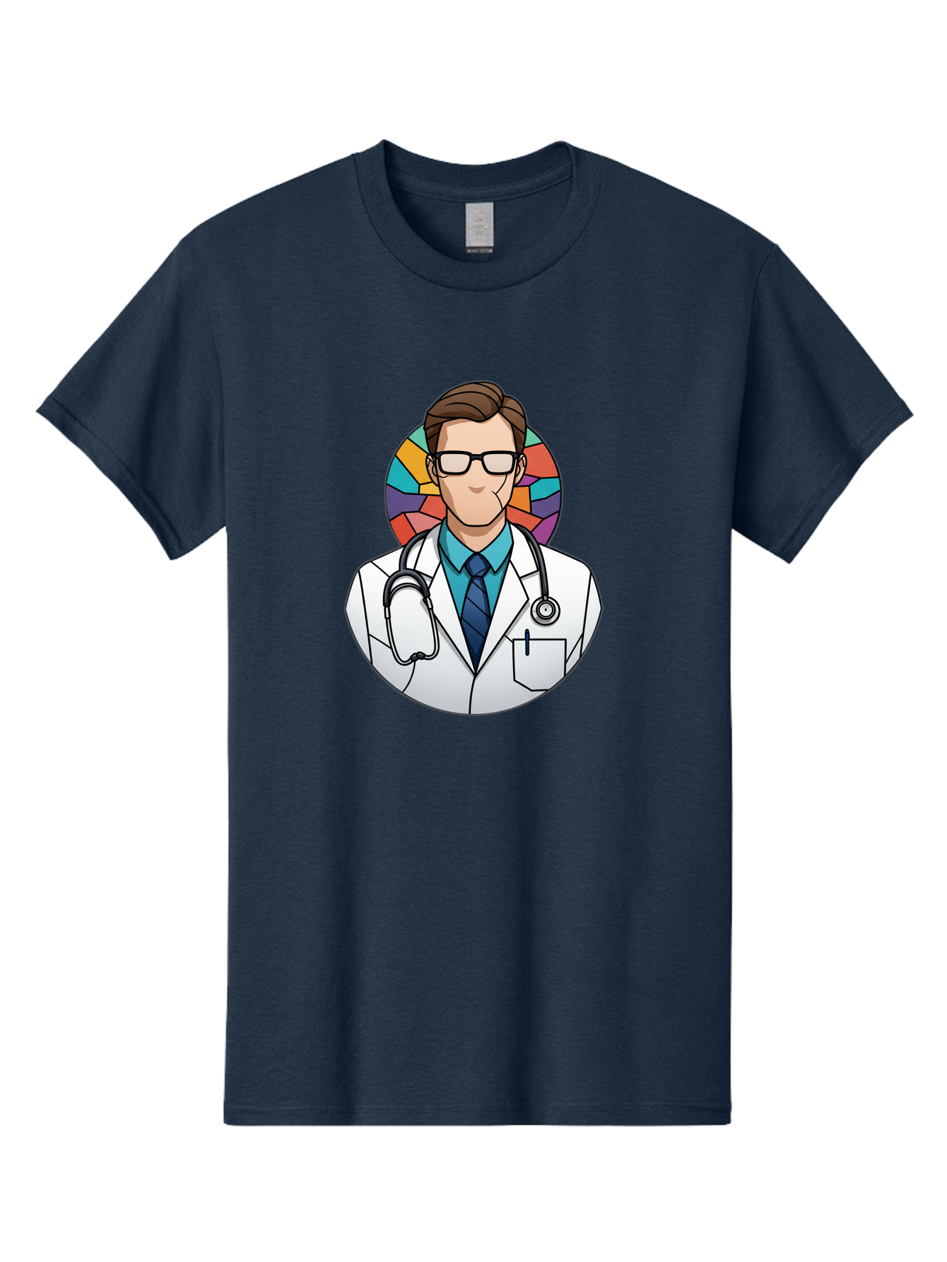 Male-Doctor Men'S Graphic Tee, 100% Cotton, Comfortable Casual Summer Wear, Machine Washable, Cartoon Doctor, Medical Professional, White Coat, Stethoscope, Blue Shirt, Tie, Glasses, Brown Hair, Multicolored Circle Baa965