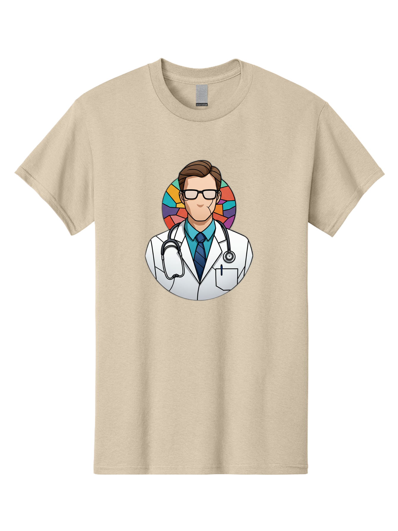 Male-Doctor Men'S Graphic Tee, 100% Cotton, Comfortable Casual Summer Wear, Machine Washable, Cartoon Doctor, Medical Professional, White Coat, Stethoscope, Blue Shirt, Tie, Glasses, Brown Hair, Multicolored Circle Baa965