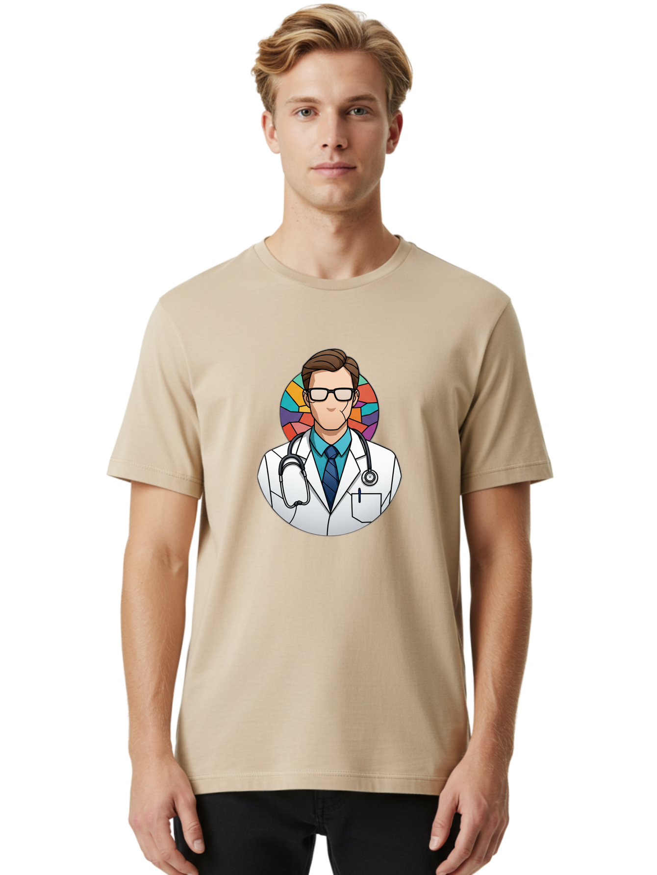 Male-Doctor Men'S Graphic Tee, 100% Cotton, Comfortable Casual Summer Wear, Machine Washable, Cartoon Doctor, Medical Professional, White Coat, Stethoscope, Blue Shirt, Tie, Glasses, Brown Hair, Multicolored Circle Baa965