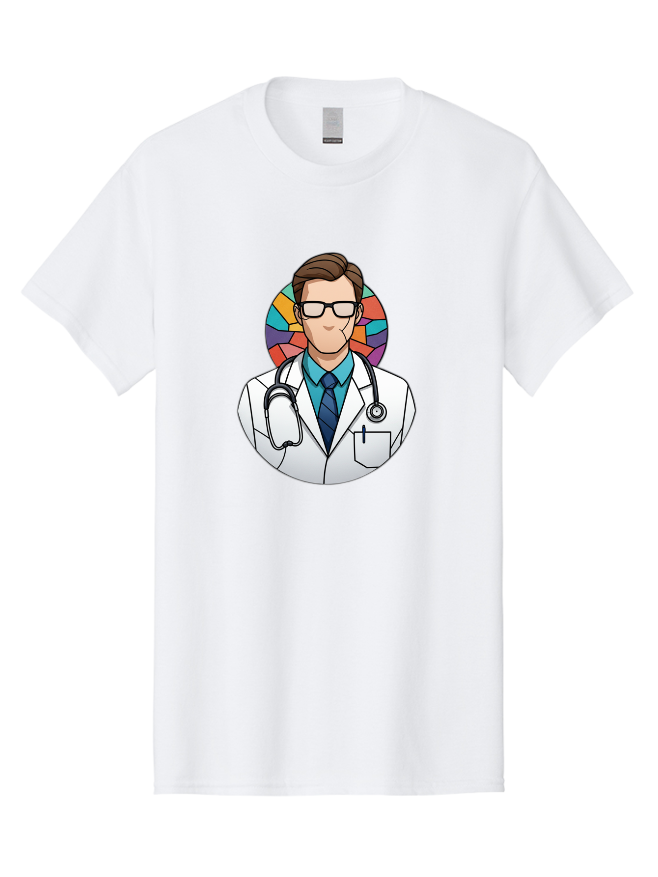 Male-Doctor Men'S Graphic Tee, 100% Cotton, Comfortable Casual Summer Wear, Machine Washable, Cartoon Doctor, Medical Professional, White Coat, Stethoscope, Blue Shirt, Tie, Glasses, Brown Hair, Multicolored Circle Baa965