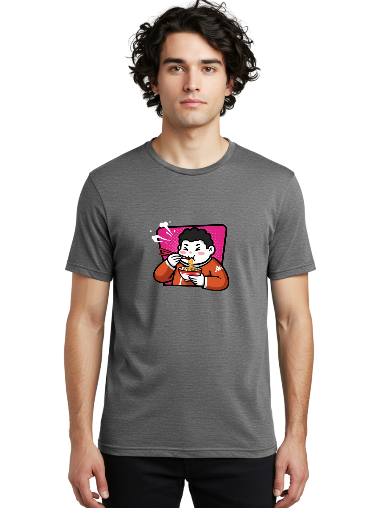 Man-Eating-Ramen Men'S Graphic Tee, 100% Cotton, Comfortable Casual Summer Wear, Machine Washable, Cartoon Boy Eating Ramen, Steaming Hot Noodles, Chopsticks In Action, Kawaii Character, Anime Style, Foodie Culture, Asian Cuisine, Baa966