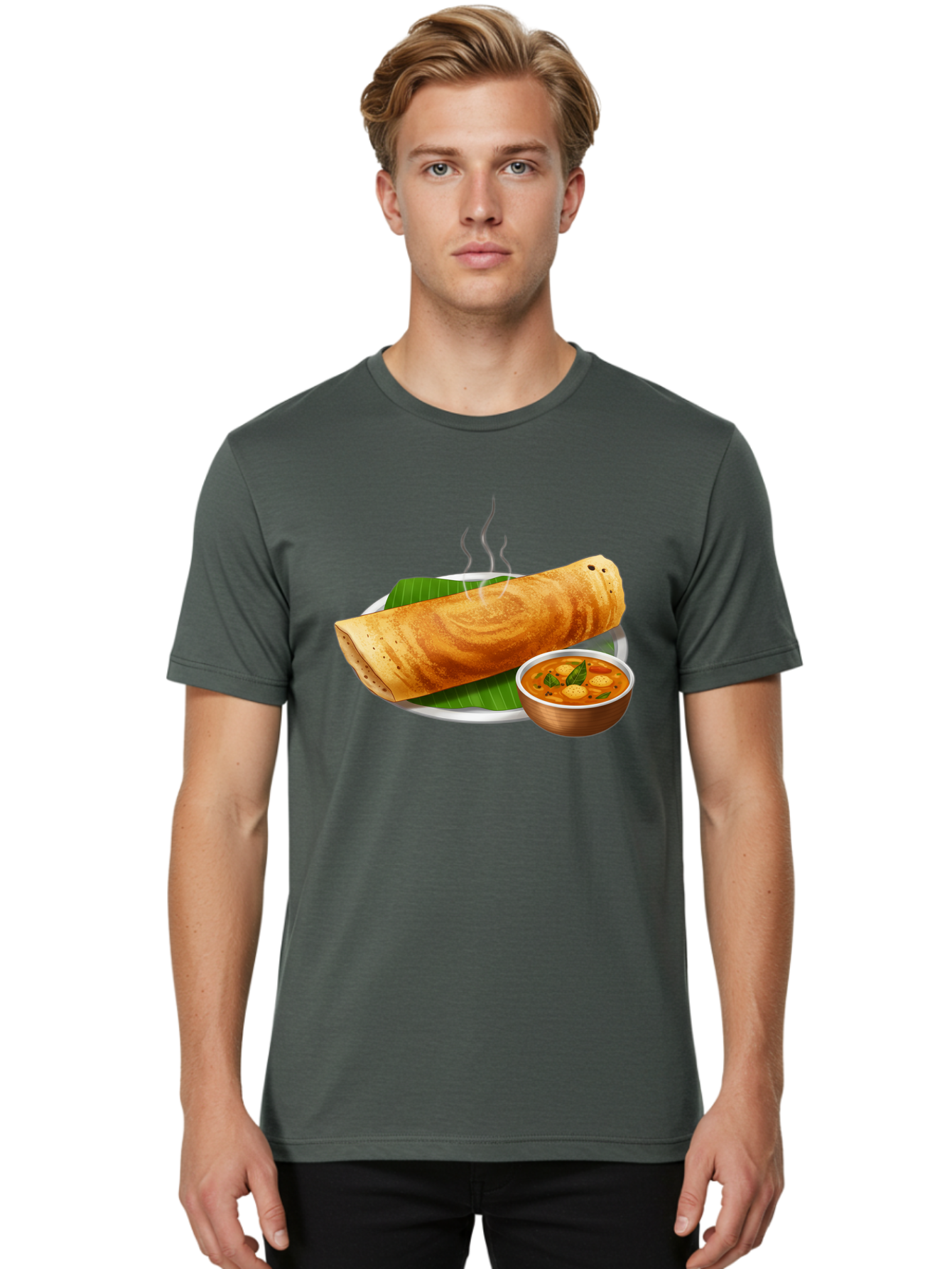 Masala-Dosa-9 Men'S Graphic Tee, 100% Cotton, Comfortable Casual Summer Wear, Machine Washable, South Indian Cuisine, Traditional Breakfast, Dosa And Sambar, Indian Food, Savory Crepe, Spicy Curry, Steaming Hot, Banana Leaf, Delicious Meal, Baa987