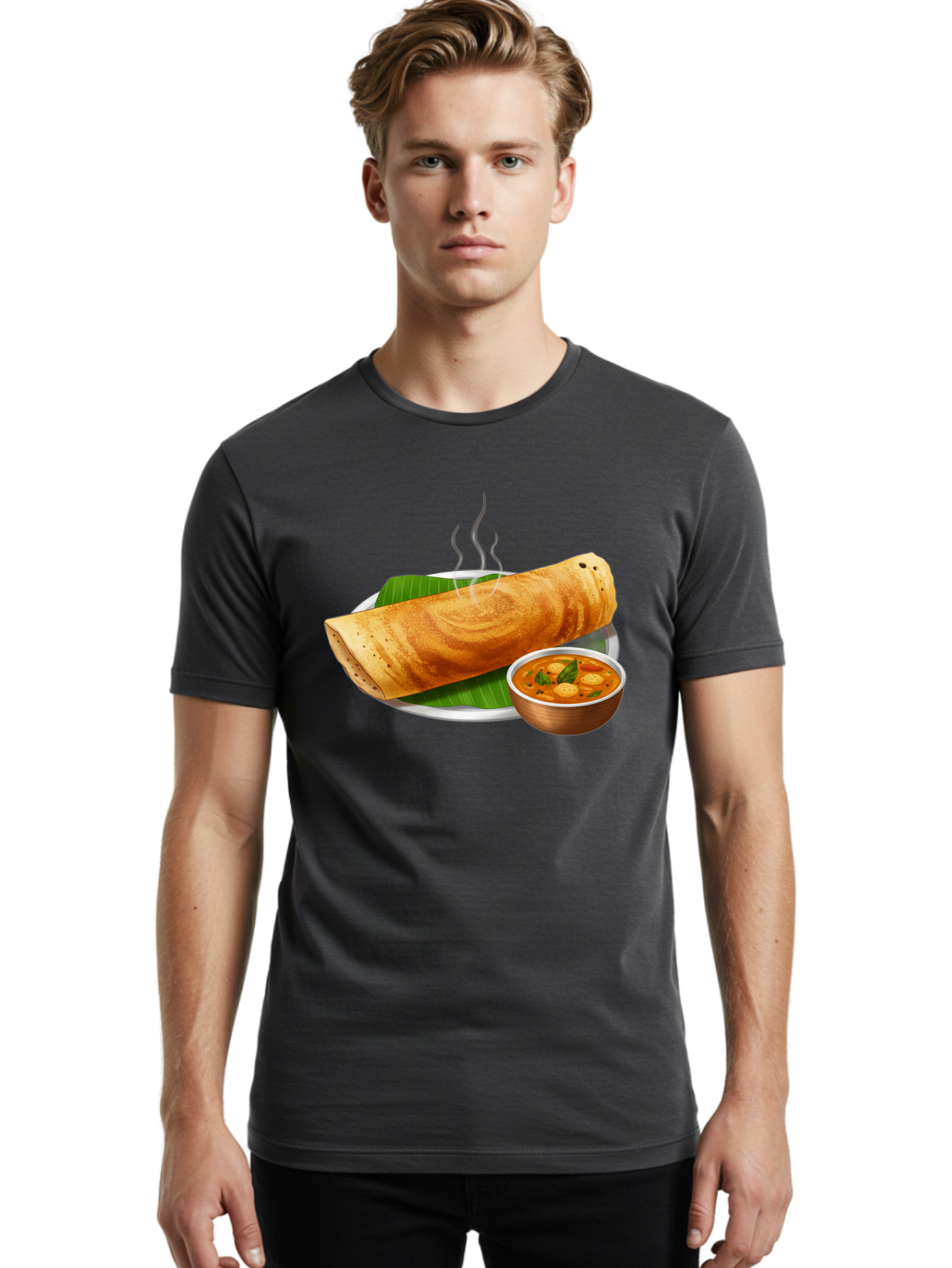 Masala-Dosa-9 Men'S Graphic Tee, 100% Cotton, Comfortable Casual Summer Wear, Machine Washable, South Indian Cuisine, Traditional Breakfast, Dosa And Sambar, Indian Food, Savory Crepe, Spicy Curry, Steaming Hot, Banana Leaf, Delicious Meal, Baa987