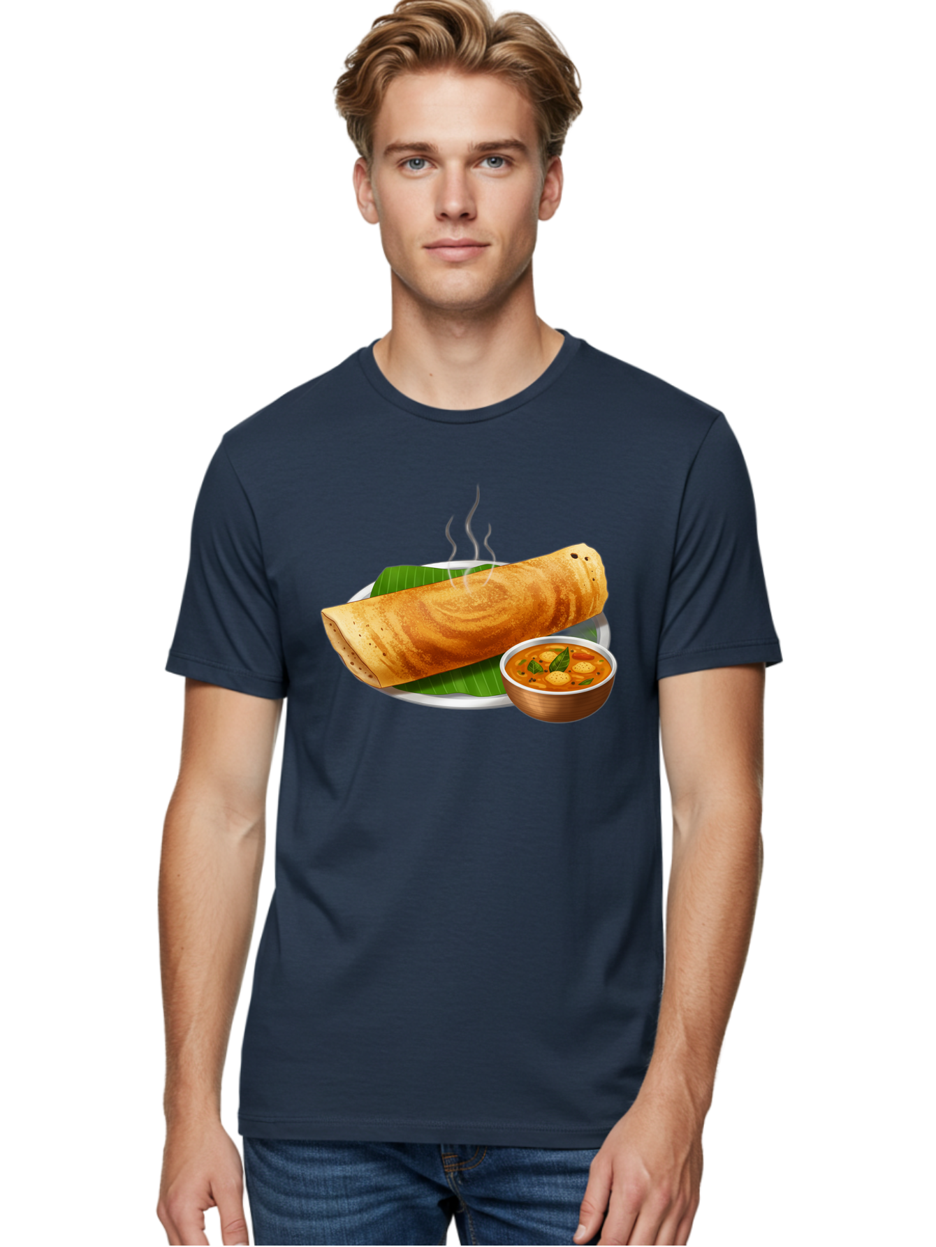 Masala-Dosa-9 Men'S Graphic Tee, 100% Cotton, Comfortable Casual Summer Wear, Machine Washable, South Indian Cuisine, Traditional Breakfast, Dosa And Sambar, Indian Food, Savory Crepe, Spicy Curry, Steaming Hot, Banana Leaf, Delicious Meal, Baa987
