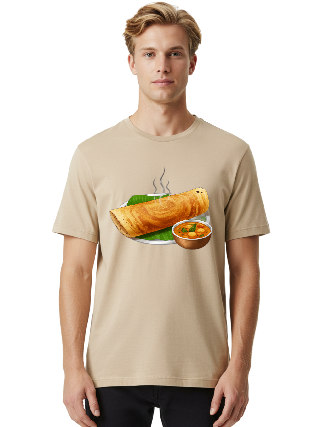 Masala-Dosa-9 Men'S Graphic Tee, 100% Cotton, Comfortable Casual Summer Wear, Machine Washable, South Indian Cuisine, Traditional Breakfast, Dosa And Sambar, Indian Food, Savory Crepe, Spicy Curry, Steaming Hot, Banana Leaf, Delicious Meal, Baa987