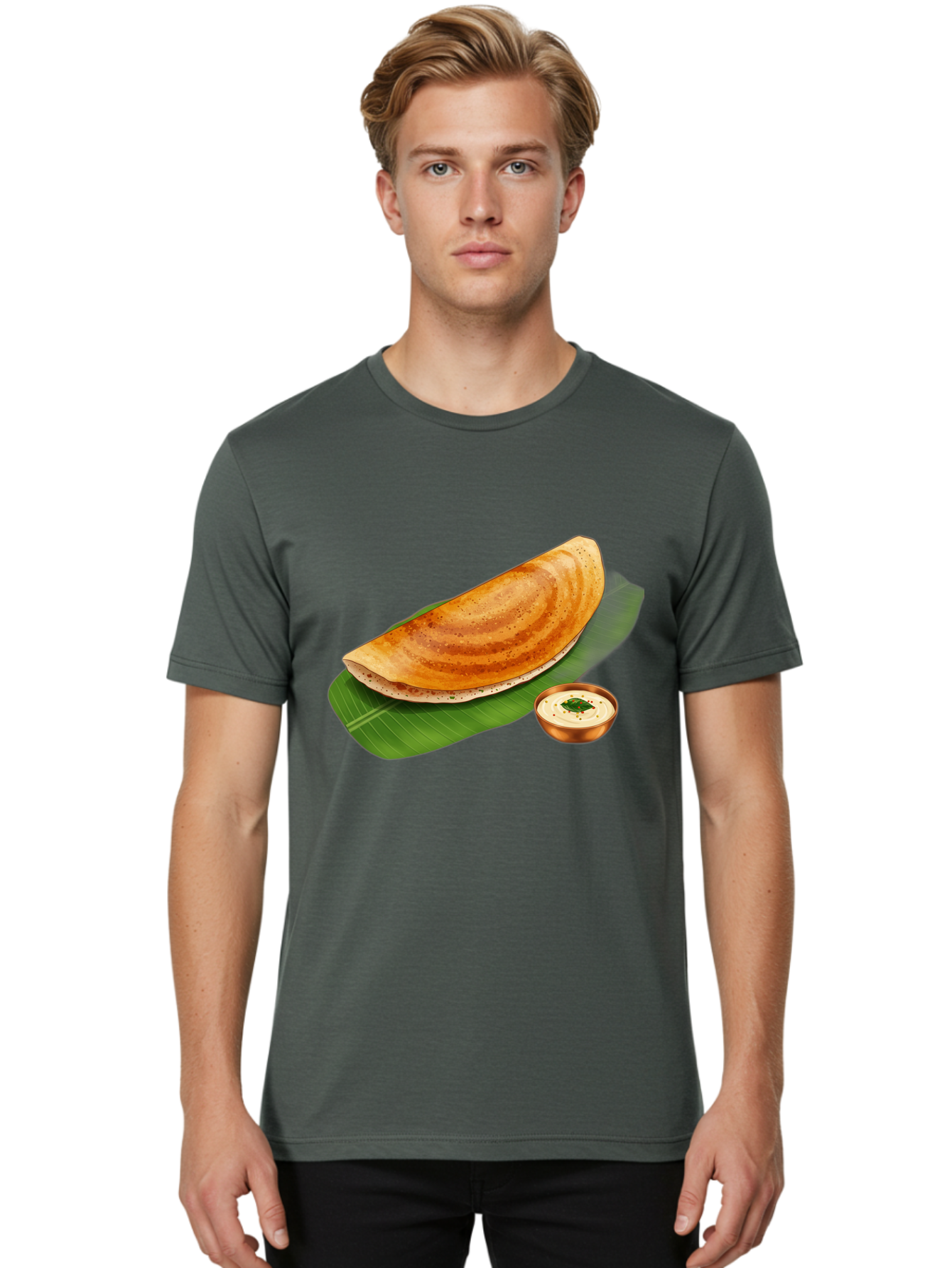 Masala-Dosa-With-Chutney Men'S Graphic Tee, 100% Cotton, Comfortable Casual Summer Wear, Machine Washable, Crispy Dosa, South Indian Cuisine, Fermented Rice Crepe, Chutney, Traditional Breakfast, Indian Food, Banana Leaf, Tasty Dosai Baa988