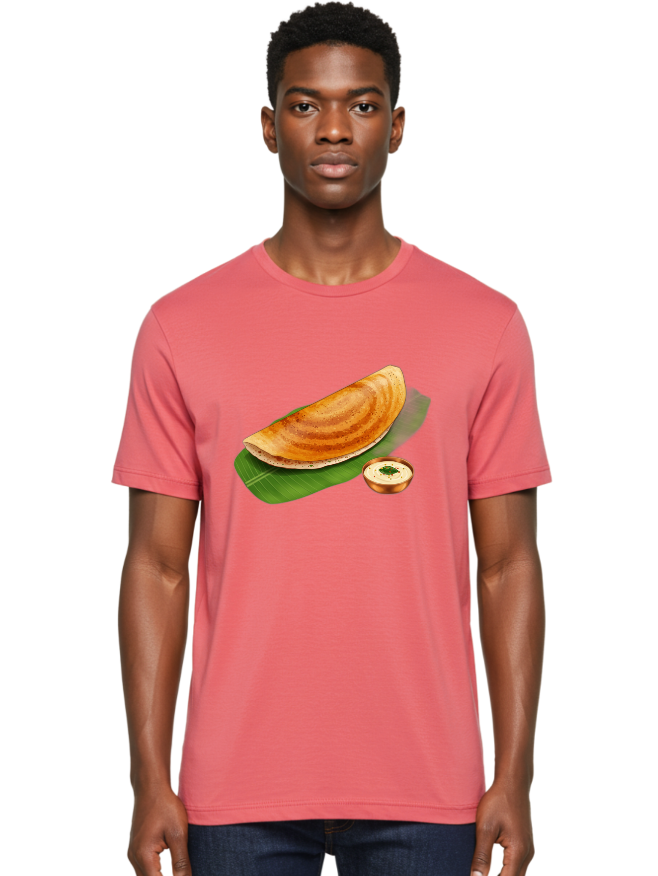 Masala-Dosa-With-Chutney Men'S Graphic Tee, 100% Cotton, Comfortable Casual Summer Wear, Machine Washable, Crispy Dosa, South Indian Cuisine, Fermented Rice Crepe, Chutney, Traditional Breakfast, Indian Food, Banana Leaf, Tasty Dosai Baa988