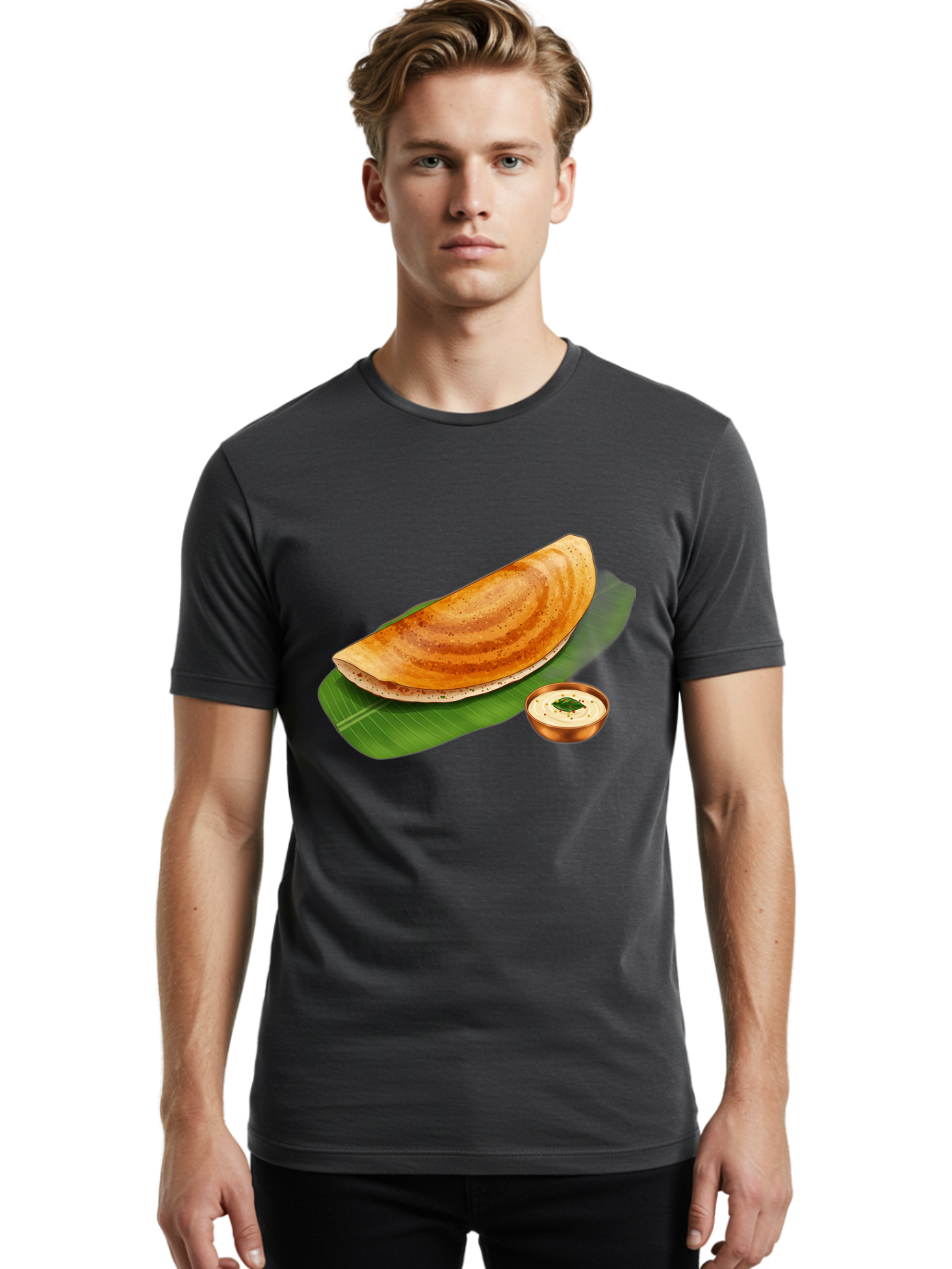 Masala-Dosa-With-Chutney Men'S Graphic Tee, 100% Cotton, Comfortable Casual Summer Wear, Machine Washable, Crispy Dosa, South Indian Cuisine, Fermented Rice Crepe, Chutney, Traditional Breakfast, Indian Food, Banana Leaf, Tasty Dosai Baa988