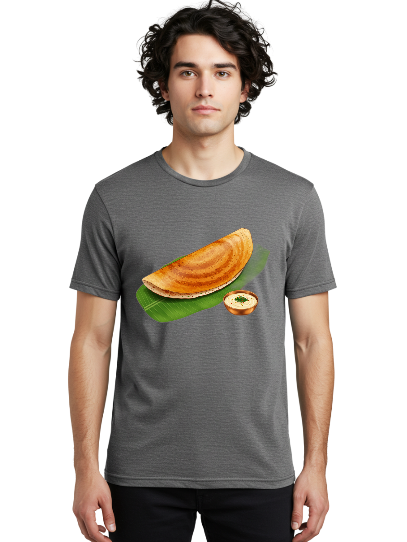 Masala-Dosa-With-Chutney Men'S Graphic Tee, 100% Cotton, Comfortable Casual Summer Wear, Machine Washable, Crispy Dosa, South Indian Cuisine, Fermented Rice Crepe, Chutney, Traditional Breakfast, Indian Food, Banana Leaf, Tasty Dosai Baa988