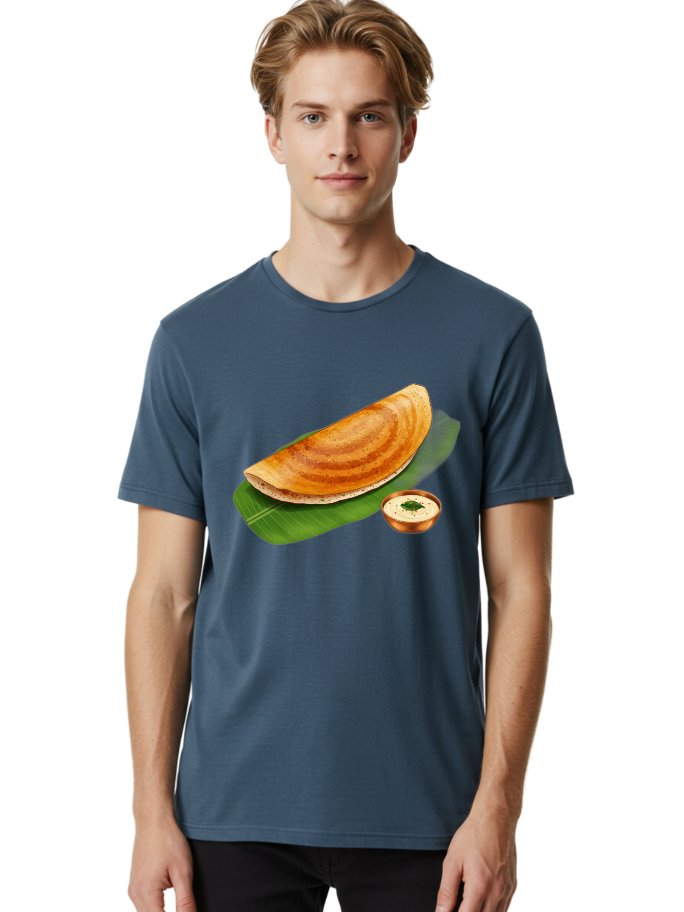 Masala-Dosa-With-Chutney Men'S Graphic Tee, 100% Cotton, Comfortable Casual Summer Wear, Machine Washable, Crispy Dosa, South Indian Cuisine, Fermented Rice Crepe, Chutney, Traditional Breakfast, Indian Food, Banana Leaf, Tasty Dosai Baa988