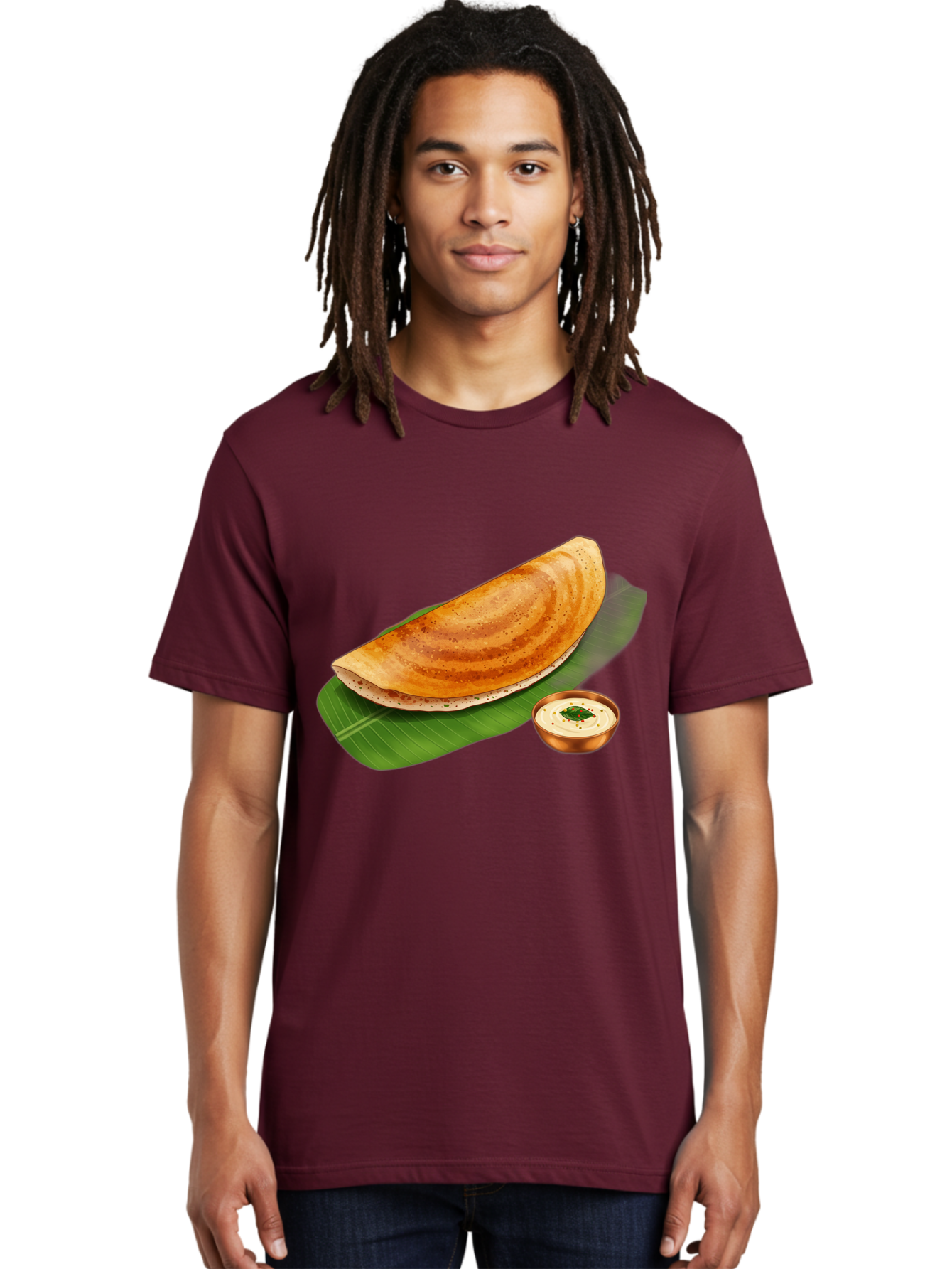 Masala-Dosa-With-Chutney Men'S Graphic Tee, 100% Cotton, Comfortable Casual Summer Wear, Machine Washable, Crispy Dosa, South Indian Cuisine, Fermented Rice Crepe, Chutney, Traditional Breakfast, Indian Food, Banana Leaf, Tasty Dosai Baa988