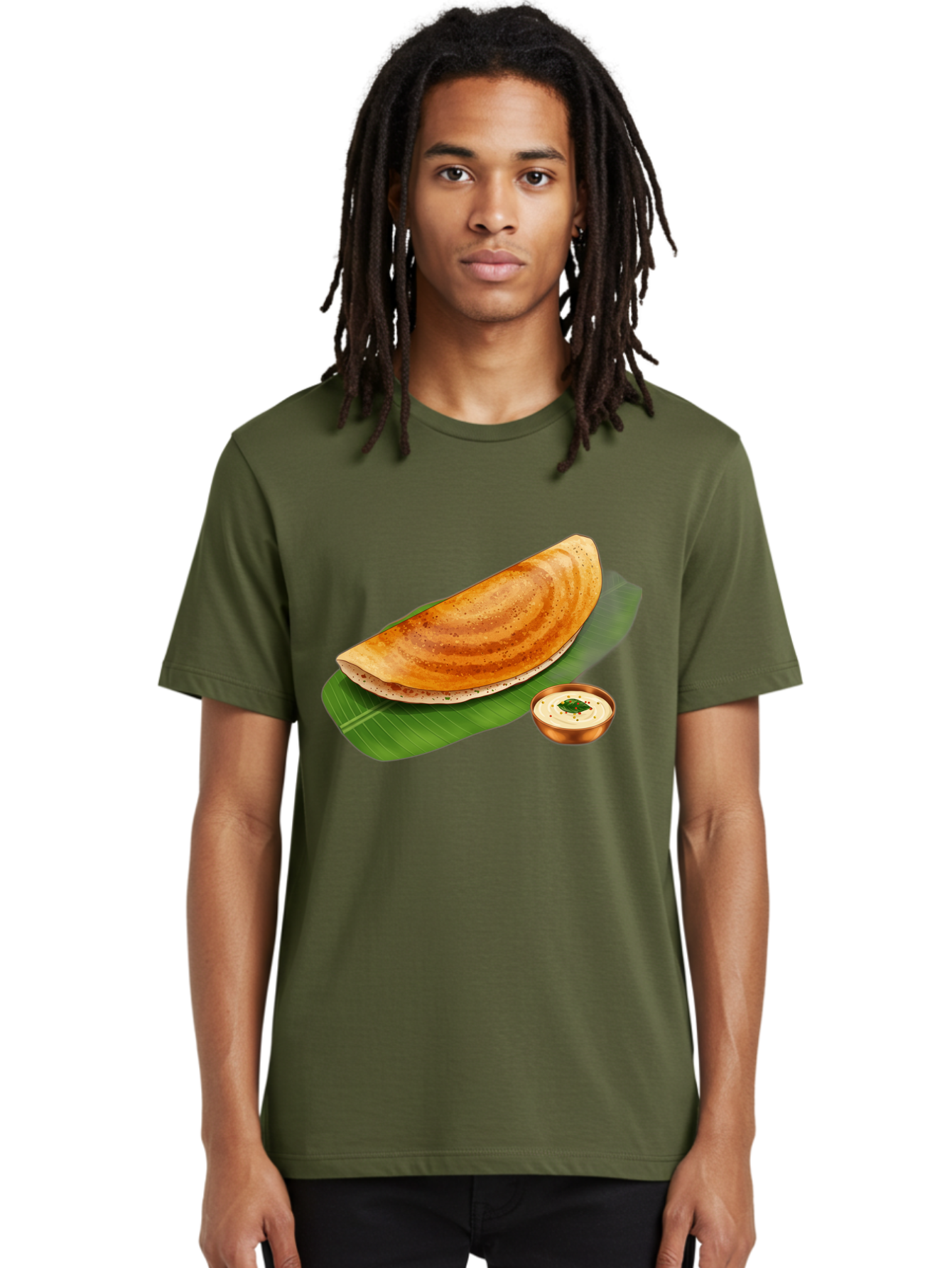 Masala-Dosa-With-Chutney Men'S Graphic Tee, 100% Cotton, Comfortable Casual Summer Wear, Machine Washable, Crispy Dosa, South Indian Cuisine, Fermented Rice Crepe, Chutney, Traditional Breakfast, Indian Food, Banana Leaf, Tasty Dosai Baa988