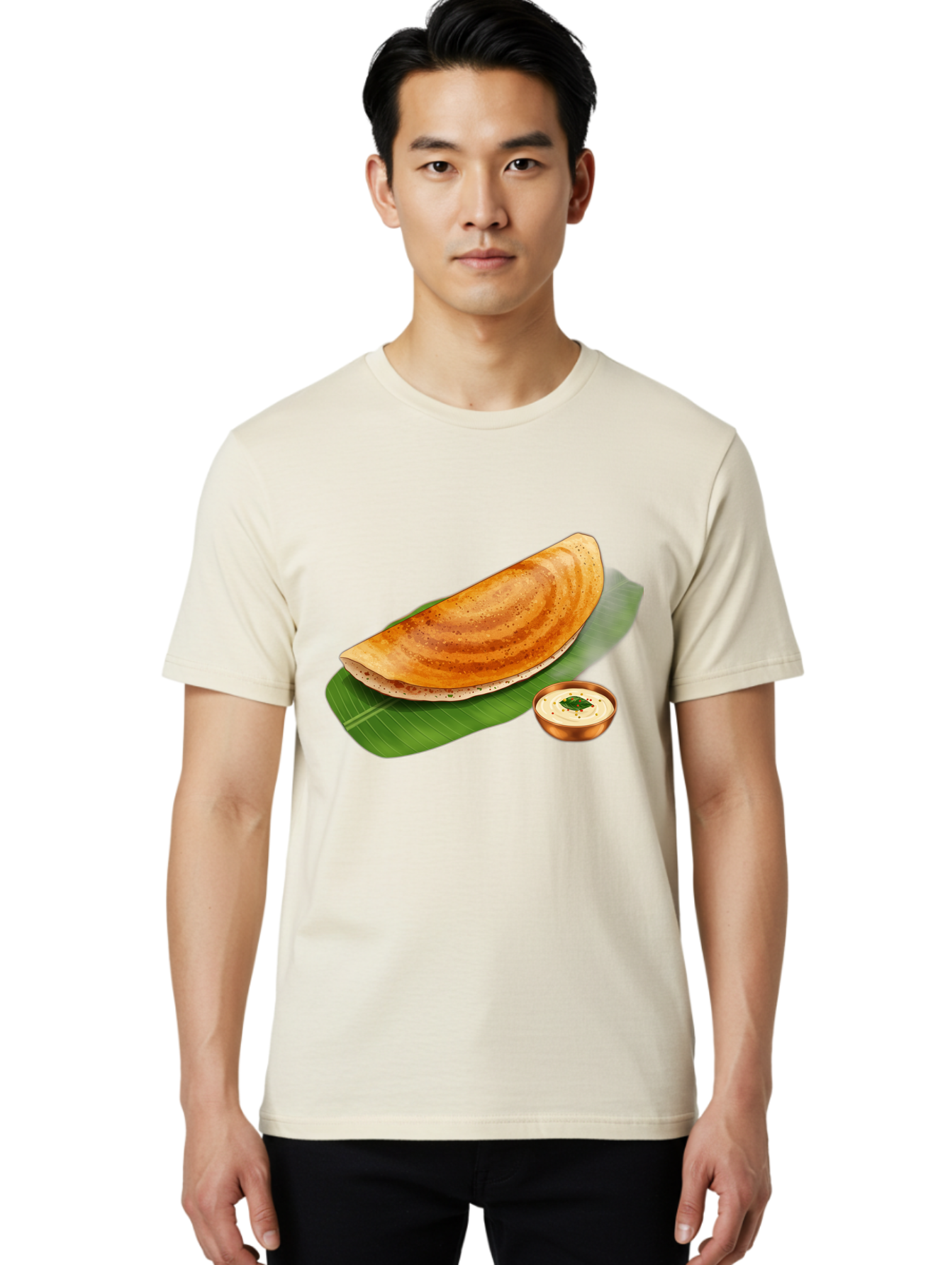 Masala-Dosa-With-Chutney Men'S Graphic Tee, 100% Cotton, Comfortable Casual Summer Wear, Machine Washable, Crispy Dosa, South Indian Cuisine, Fermented Rice Crepe, Chutney, Traditional Breakfast, Indian Food, Banana Leaf, Tasty Dosai Baa988