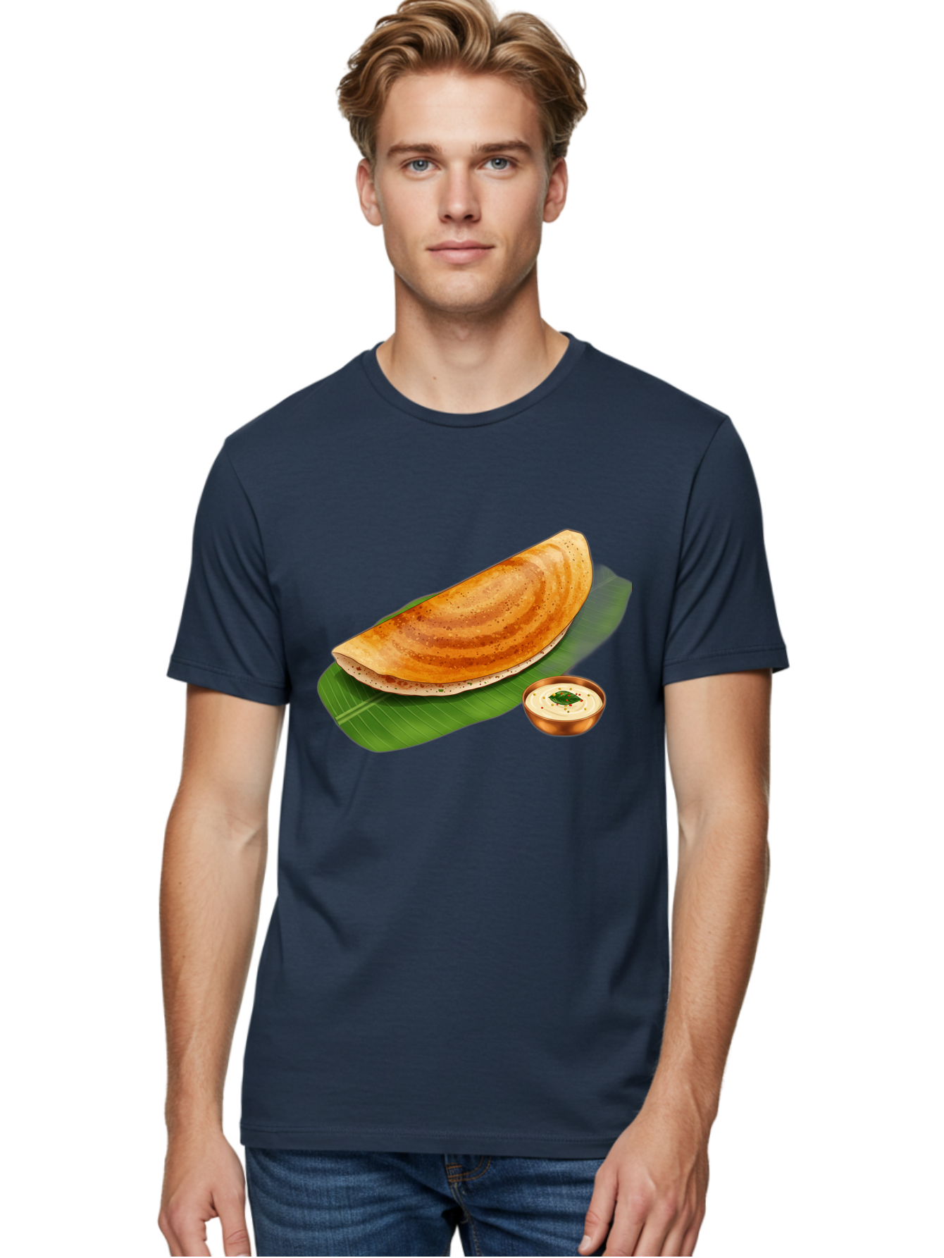 Masala-Dosa-With-Chutney Men'S Graphic Tee, 100% Cotton, Comfortable Casual Summer Wear, Machine Washable, Crispy Dosa, South Indian Cuisine, Fermented Rice Crepe, Chutney, Traditional Breakfast, Indian Food, Banana Leaf, Tasty Dosai Baa988