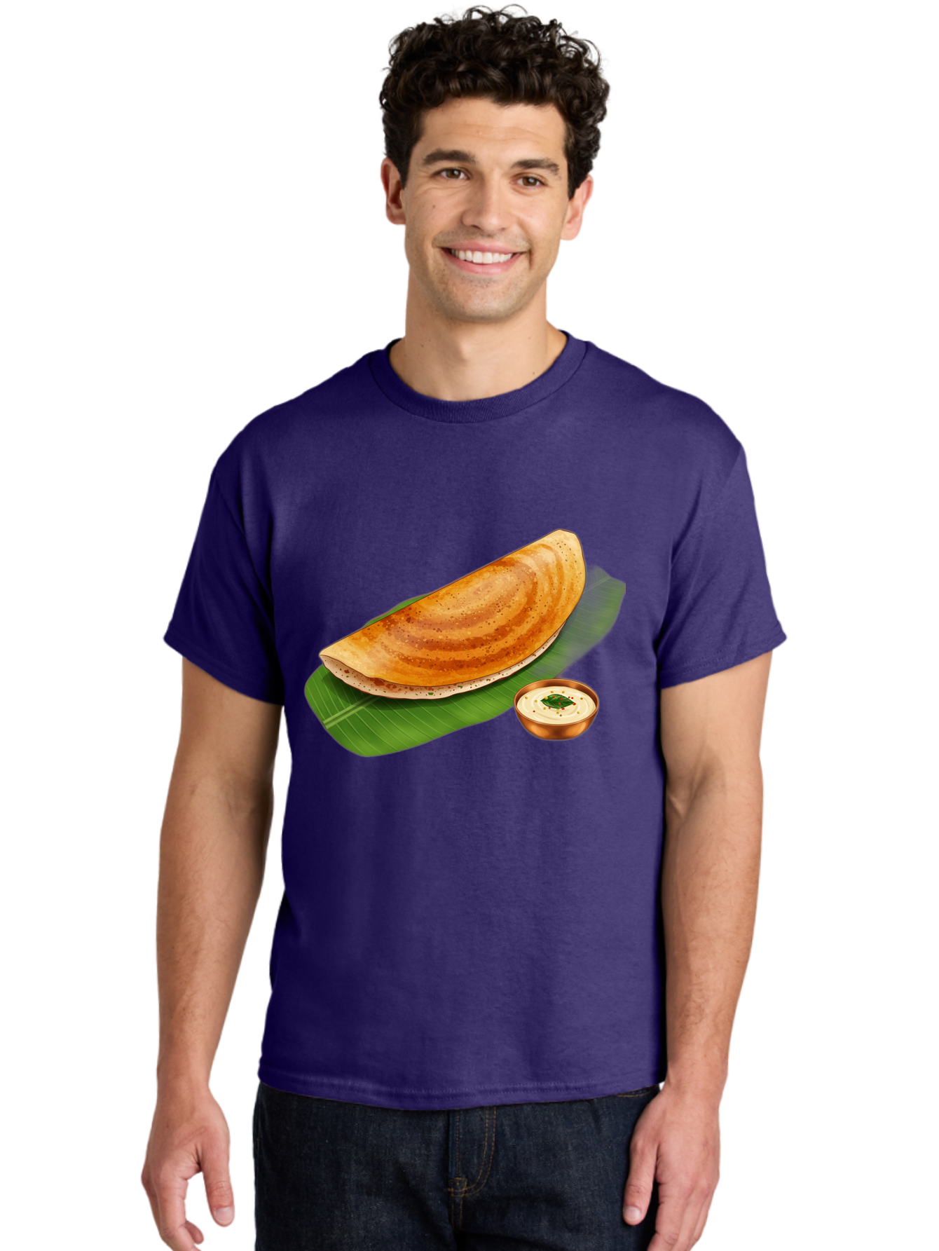 Masala-Dosa-With-Chutney Men'S Graphic Tee, 100% Cotton, Comfortable Casual Summer Wear, Machine Washable, Crispy Dosa, South Indian Cuisine, Fermented Rice Crepe, Chutney, Traditional Breakfast, Indian Food, Banana Leaf, Tasty Dosai Baa988