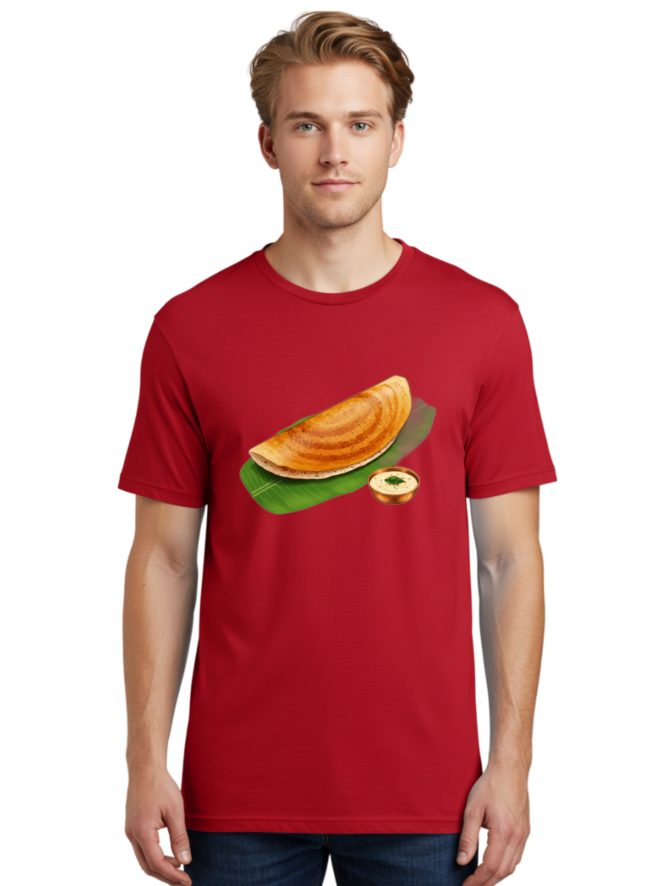 Masala-Dosa-With-Chutney Men'S Graphic Tee, 100% Cotton, Comfortable Casual Summer Wear, Machine Washable, Crispy Dosa, South Indian Cuisine, Fermented Rice Crepe, Chutney, Traditional Breakfast, Indian Food, Banana Leaf, Tasty Dosai Baa988