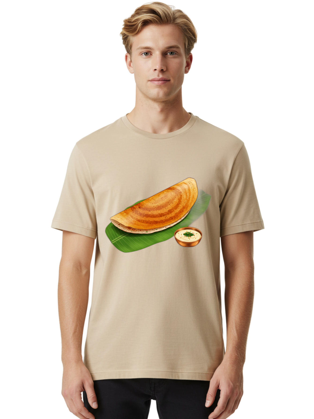 Masala-Dosa-With-Chutney Men'S Graphic Tee, 100% Cotton, Comfortable Casual Summer Wear, Machine Washable, Crispy Dosa, South Indian Cuisine, Fermented Rice Crepe, Chutney, Traditional Breakfast, Indian Food, Banana Leaf, Tasty Dosai Baa988