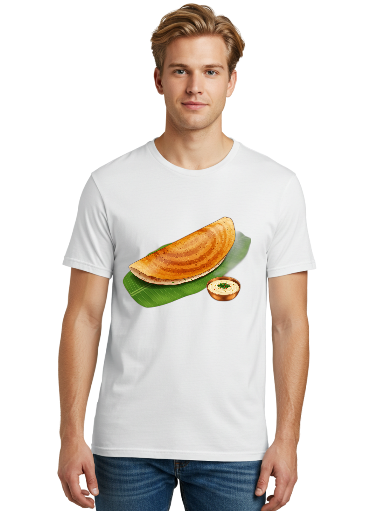 Masala-Dosa-With-Chutney Men'S Graphic Tee, 100% Cotton, Comfortable Casual Summer Wear, Machine Washable, Crispy Dosa, South Indian Cuisine, Fermented Rice Crepe, Chutney, Traditional Breakfast, Indian Food, Banana Leaf, Tasty Dosai Baa988