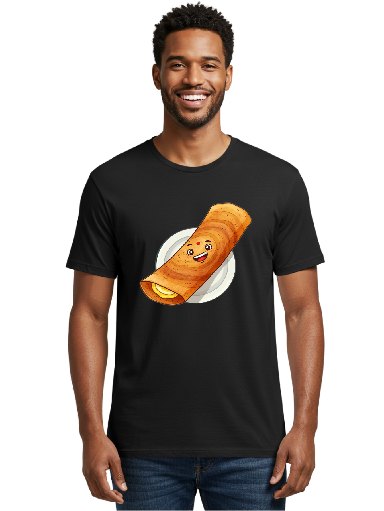 Masala-Dosa Men'S Graphic Tee, 100% Cotton, Comfortable Casual Summer Wear, Machine Washable, Indian Cuisine, Traditional Breakfast, Masala Dosa, Dosa Recipe, South Indian Food, Cartoon Food, Smiling Dosa, Dosa Illustration Baa989