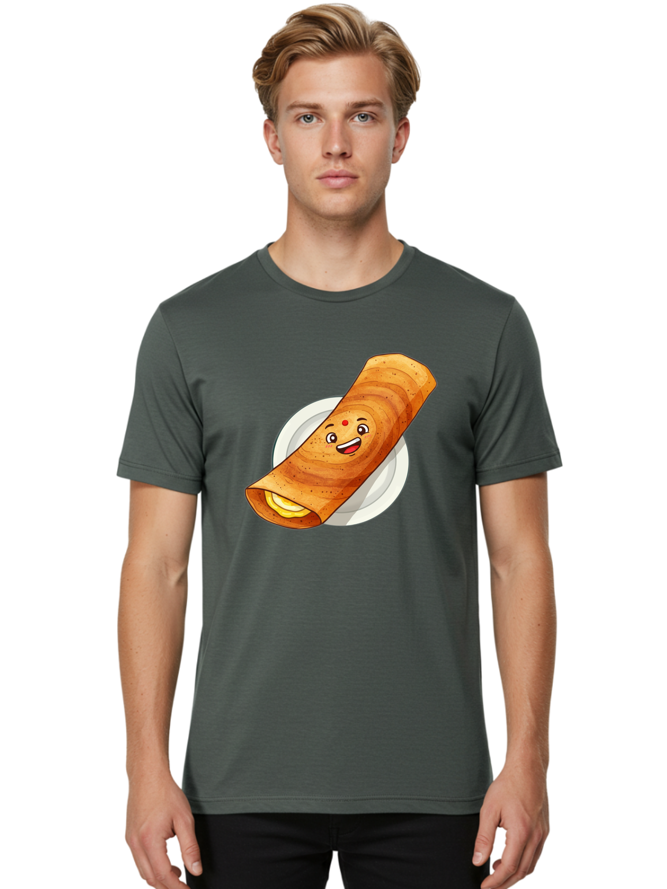 Masala-Dosa Men'S Graphic Tee, 100% Cotton, Comfortable Casual Summer Wear, Machine Washable, Indian Cuisine, Traditional Breakfast, Masala Dosa, Dosa Recipe, South Indian Food, Cartoon Food, Smiling Dosa, Dosa Illustration Baa989