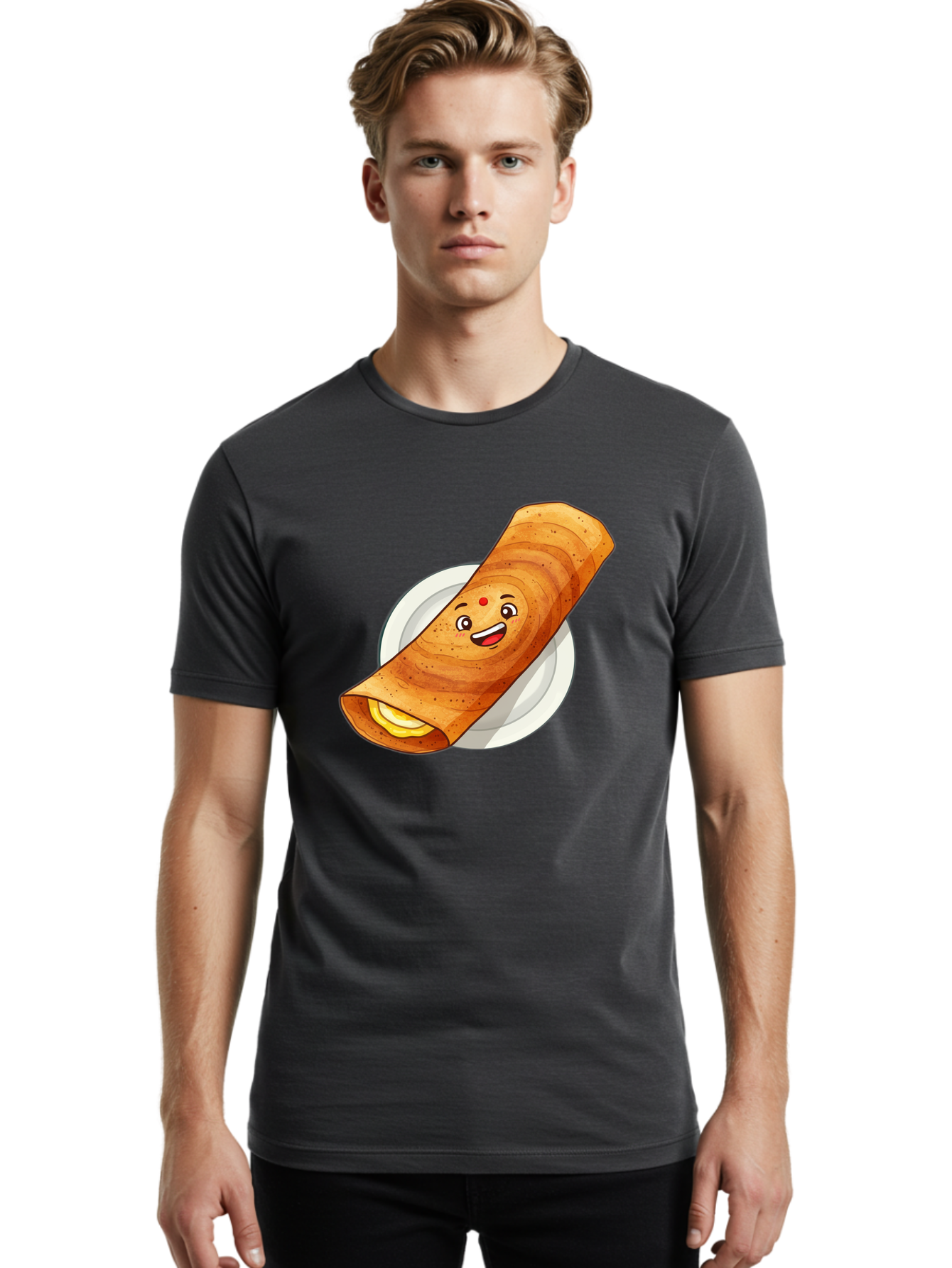 Masala-Dosa Men'S Graphic Tee, 100% Cotton, Comfortable Casual Summer Wear, Machine Washable, Indian Cuisine, Traditional Breakfast, Masala Dosa, Dosa Recipe, South Indian Food, Cartoon Food, Smiling Dosa, Dosa Illustration Baa989
