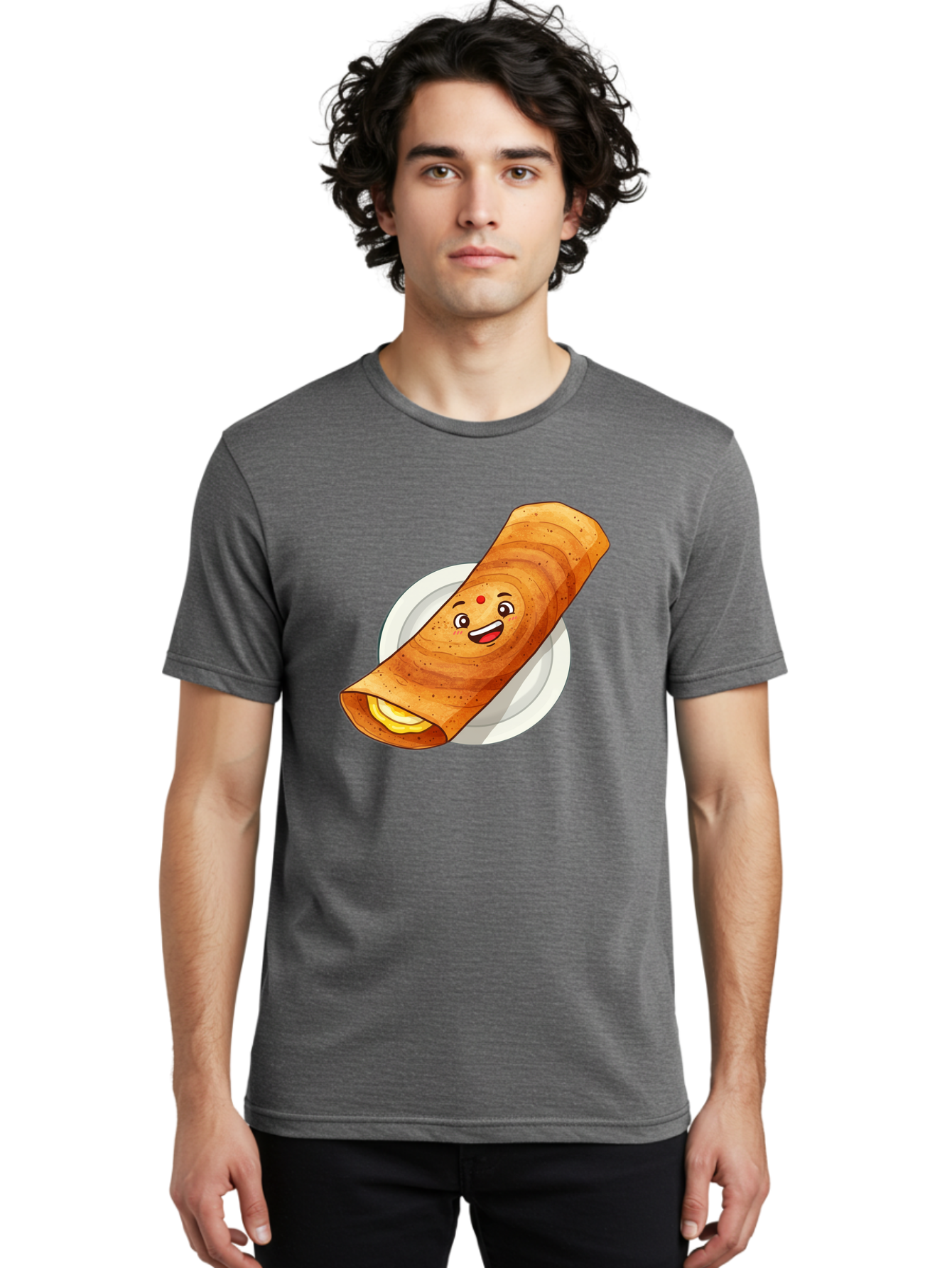 Masala-Dosa Men'S Graphic Tee, 100% Cotton, Comfortable Casual Summer Wear, Machine Washable, Indian Cuisine, Traditional Breakfast, Masala Dosa, Dosa Recipe, South Indian Food, Cartoon Food, Smiling Dosa, Dosa Illustration Baa989