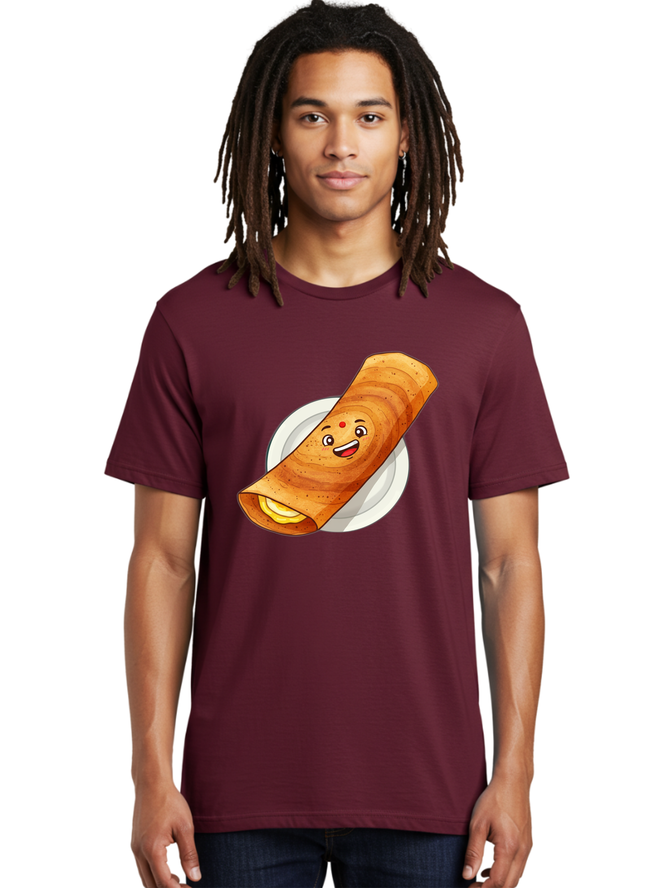 Masala-Dosa Men'S Graphic Tee, 100% Cotton, Comfortable Casual Summer Wear, Machine Washable, Indian Cuisine, Traditional Breakfast, Masala Dosa, Dosa Recipe, South Indian Food, Cartoon Food, Smiling Dosa, Dosa Illustration Baa989