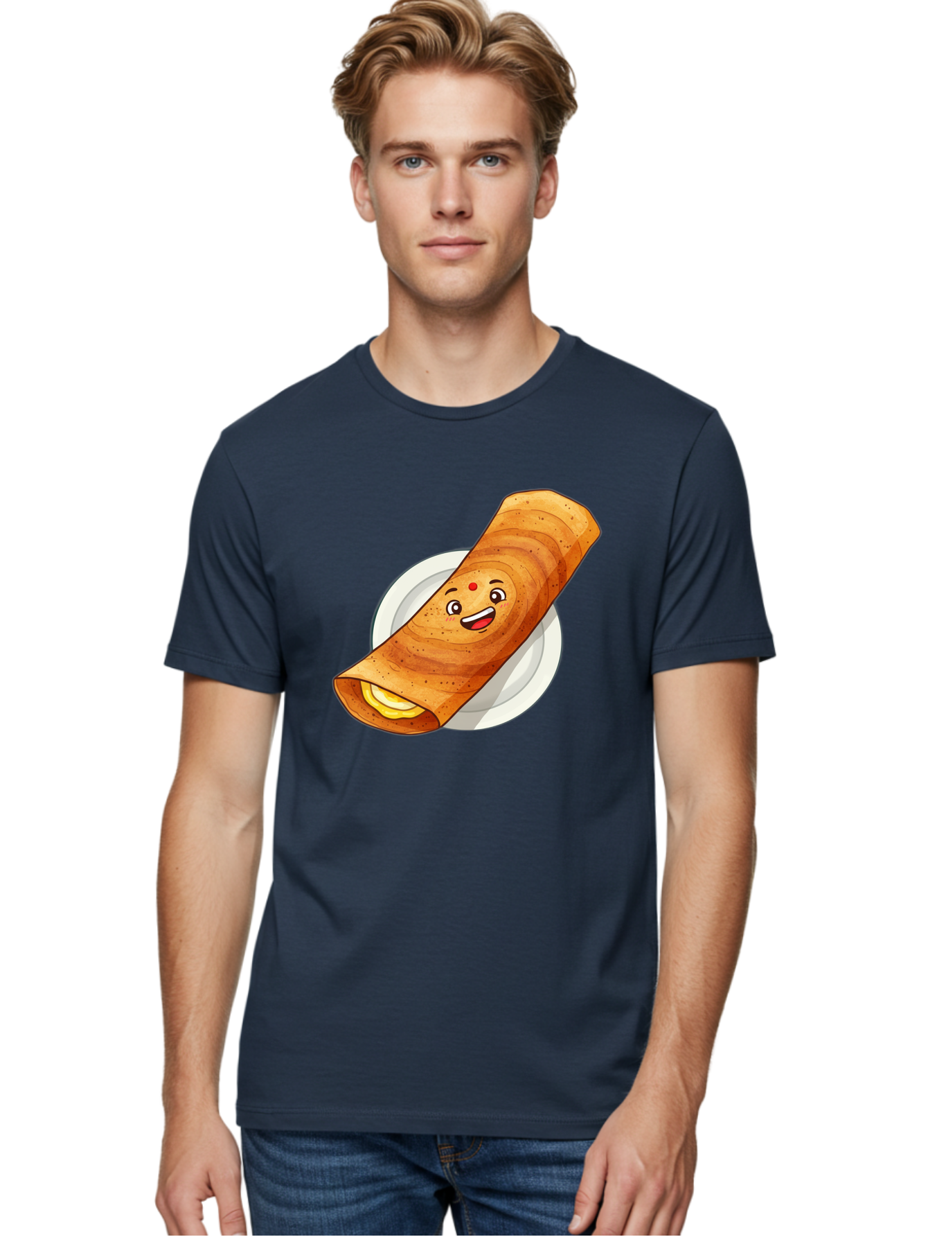 Masala-Dosa Men'S Graphic Tee, 100% Cotton, Comfortable Casual Summer Wear, Machine Washable, Indian Cuisine, Traditional Breakfast, Masala Dosa, Dosa Recipe, South Indian Food, Cartoon Food, Smiling Dosa, Dosa Illustration Baa989