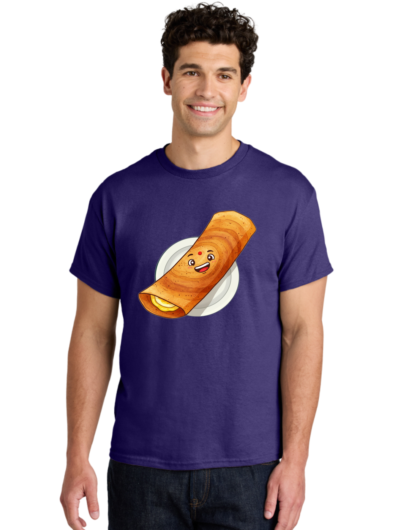 Masala-Dosa Men'S Graphic Tee, 100% Cotton, Comfortable Casual Summer Wear, Machine Washable, Indian Cuisine, Traditional Breakfast, Masala Dosa, Dosa Recipe, South Indian Food, Cartoon Food, Smiling Dosa, Dosa Illustration Baa989