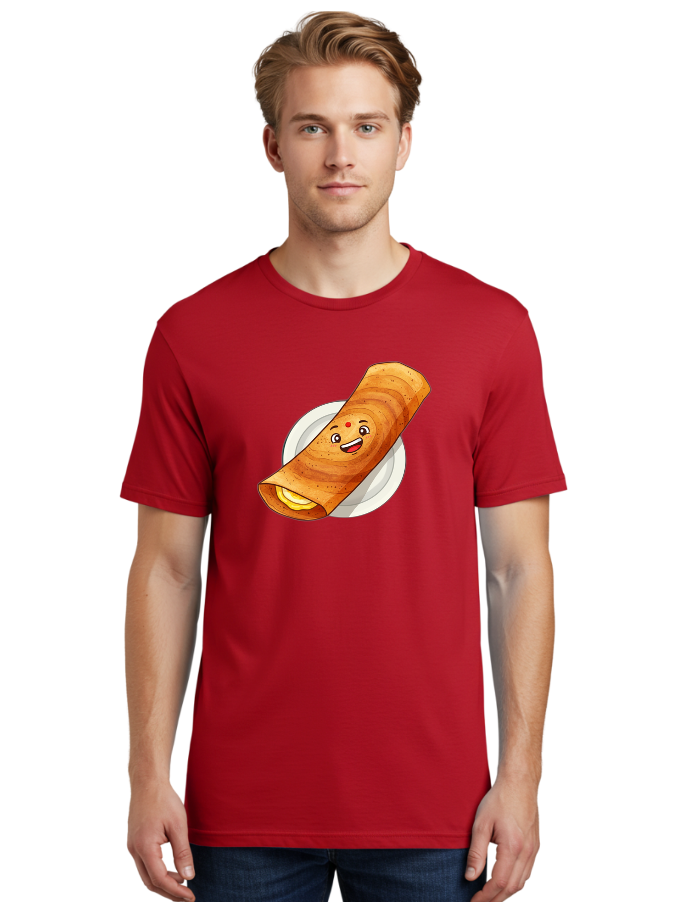Masala-Dosa Men'S Graphic Tee, 100% Cotton, Comfortable Casual Summer Wear, Machine Washable, Indian Cuisine, Traditional Breakfast, Masala Dosa, Dosa Recipe, South Indian Food, Cartoon Food, Smiling Dosa, Dosa Illustration Baa989