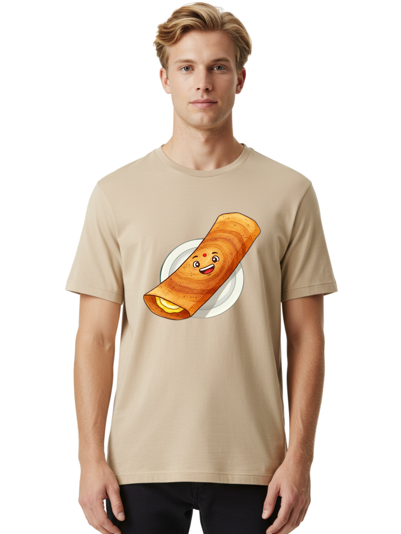 Masala-Dosa Men'S Graphic Tee, 100% Cotton, Comfortable Casual Summer Wear, Machine Washable, Indian Cuisine, Traditional Breakfast, Masala Dosa, Dosa Recipe, South Indian Food, Cartoon Food, Smiling Dosa, Dosa Illustration Baa989
