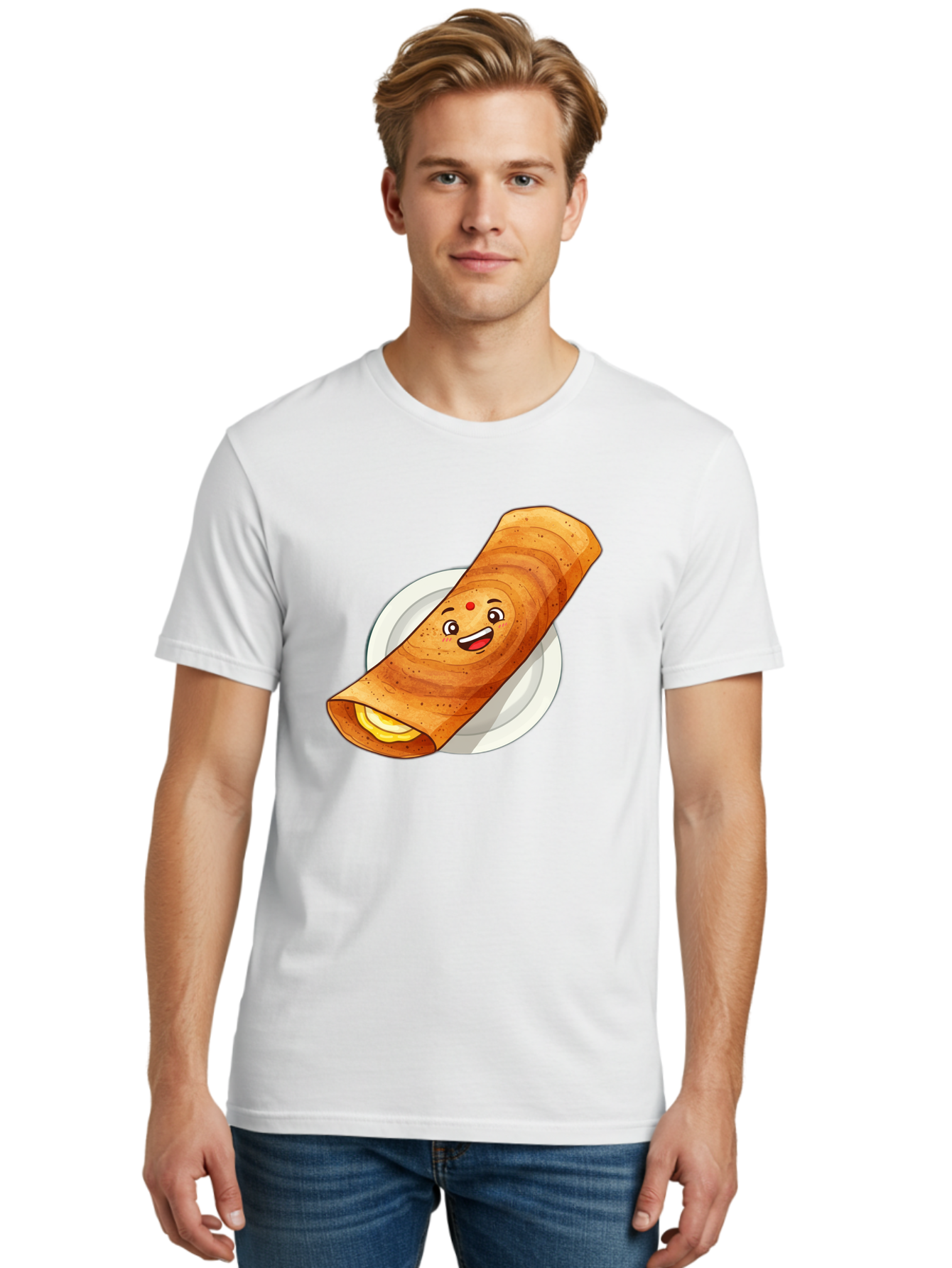 Masala-Dosa Men'S Graphic Tee, 100% Cotton, Comfortable Casual Summer Wear, Machine Washable, Indian Cuisine, Traditional Breakfast, Masala Dosa, Dosa Recipe, South Indian Food, Cartoon Food, Smiling Dosa, Dosa Illustration Baa989