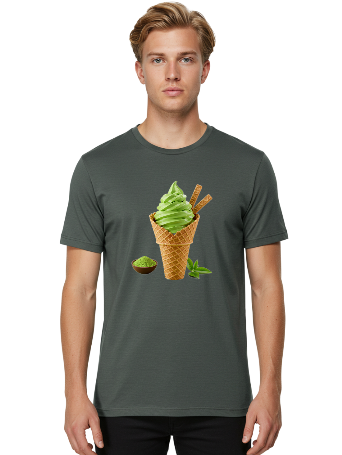 Matcha-Ice-Cream-Cone-1 Men'S Graphic Tee, 100% Cotton, Comfortable Casual Summer Wear, Machine Washable, Matcha Ice Cream Cone, Soft-Serve Ice Cream, Green Tea, Japanese Dessert, Matcha Powder, Summer Treat, Ice Cream, Green Tea Ice Cream, Baa991