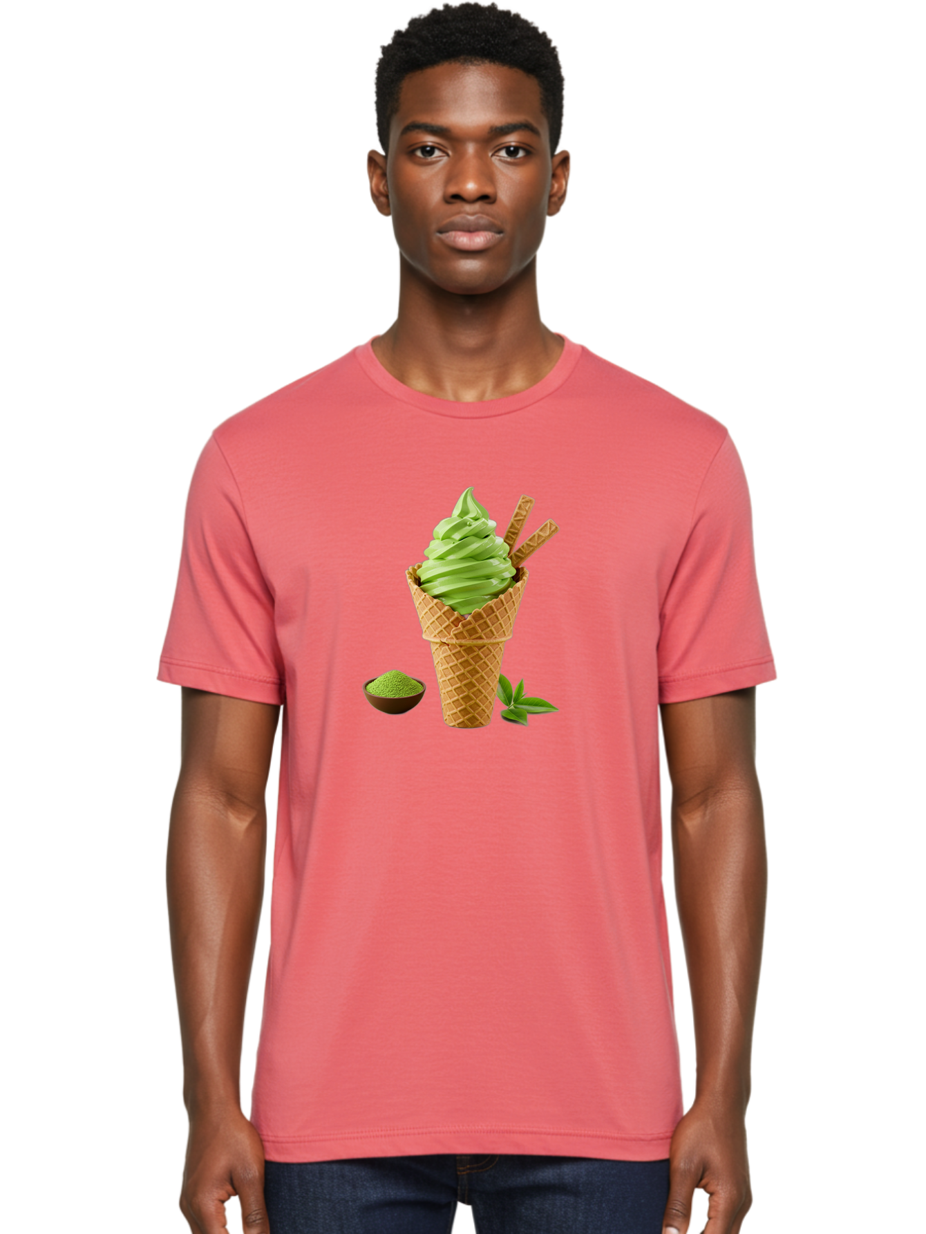 Matcha-Ice-Cream-Cone-1 Men'S Graphic Tee, 100% Cotton, Comfortable Casual Summer Wear, Machine Washable, Matcha Ice Cream Cone, Soft-Serve Ice Cream, Green Tea, Japanese Dessert, Matcha Powder, Summer Treat, Ice Cream, Green Tea Ice Cream, Baa991