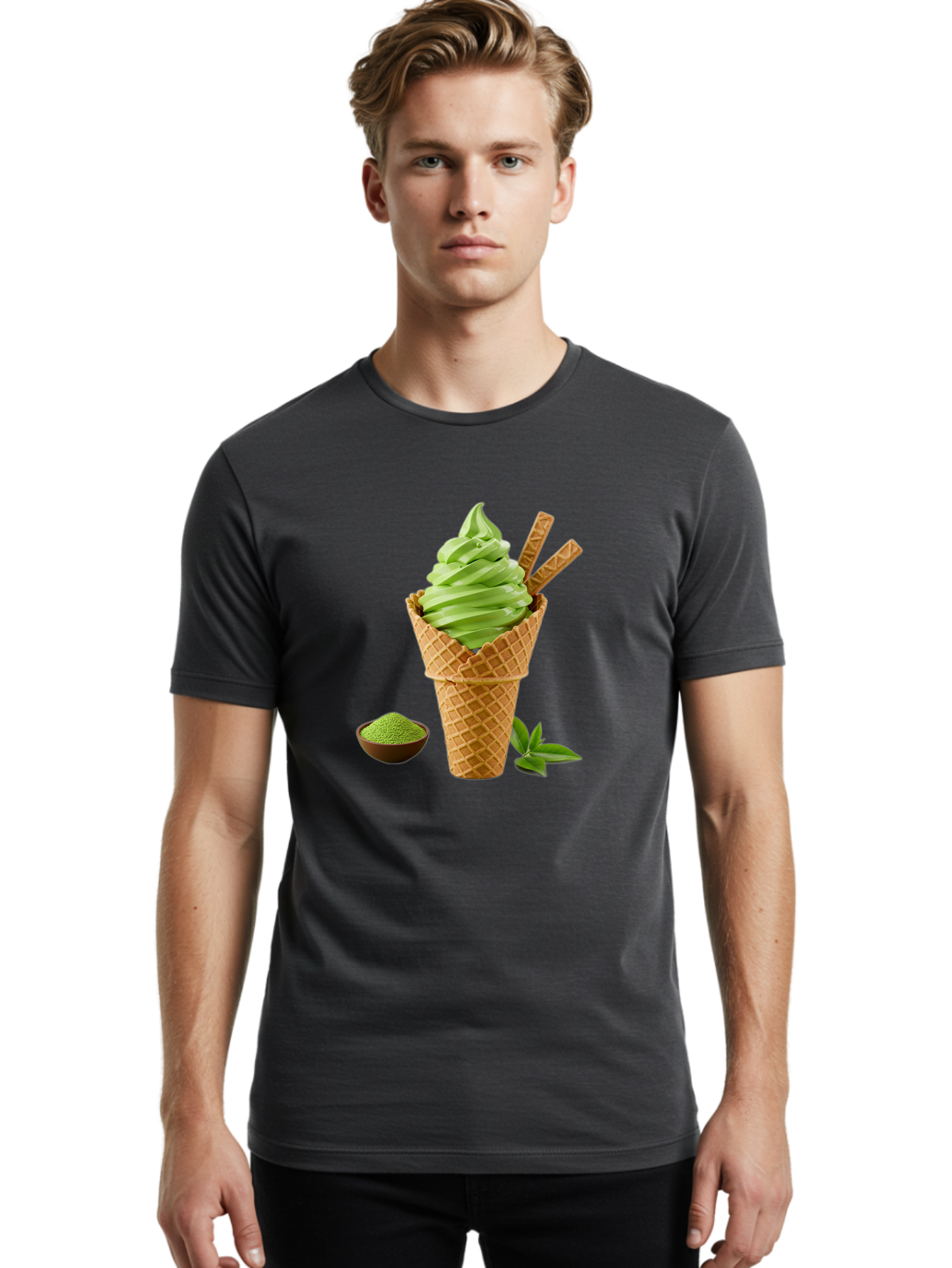 Matcha-Ice-Cream-Cone-1 Men'S Graphic Tee, 100% Cotton, Comfortable Casual Summer Wear, Machine Washable, Matcha Ice Cream Cone, Soft-Serve Ice Cream, Green Tea, Japanese Dessert, Matcha Powder, Summer Treat, Ice Cream, Green Tea Ice Cream, Baa991