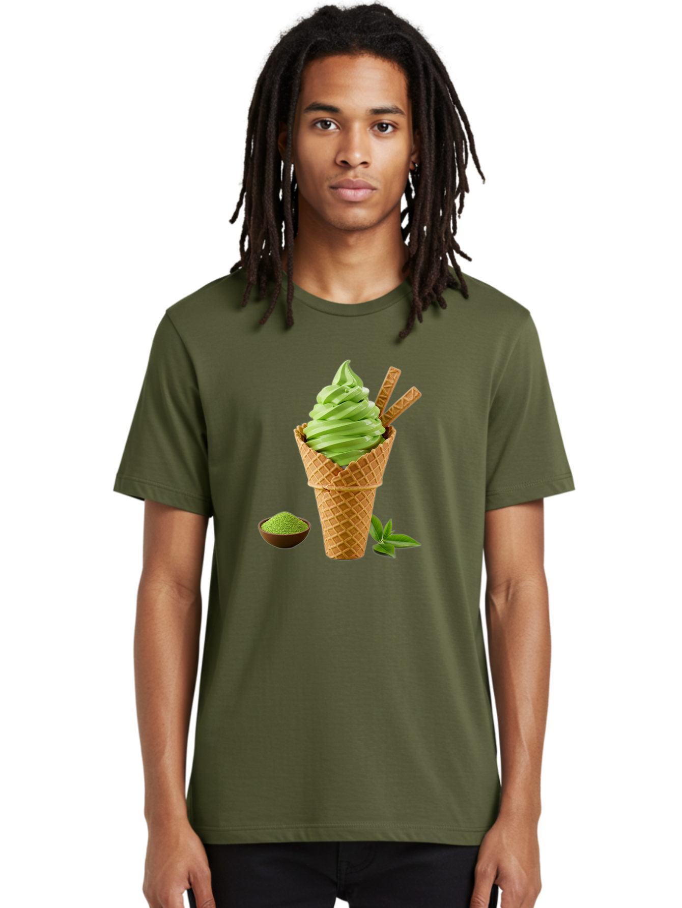 Matcha-Ice-Cream-Cone-1 Men'S Graphic Tee, 100% Cotton, Comfortable Casual Summer Wear, Machine Washable, Matcha Ice Cream Cone, Soft-Serve Ice Cream, Green Tea, Japanese Dessert, Matcha Powder, Summer Treat, Ice Cream, Green Tea Ice Cream, Baa991