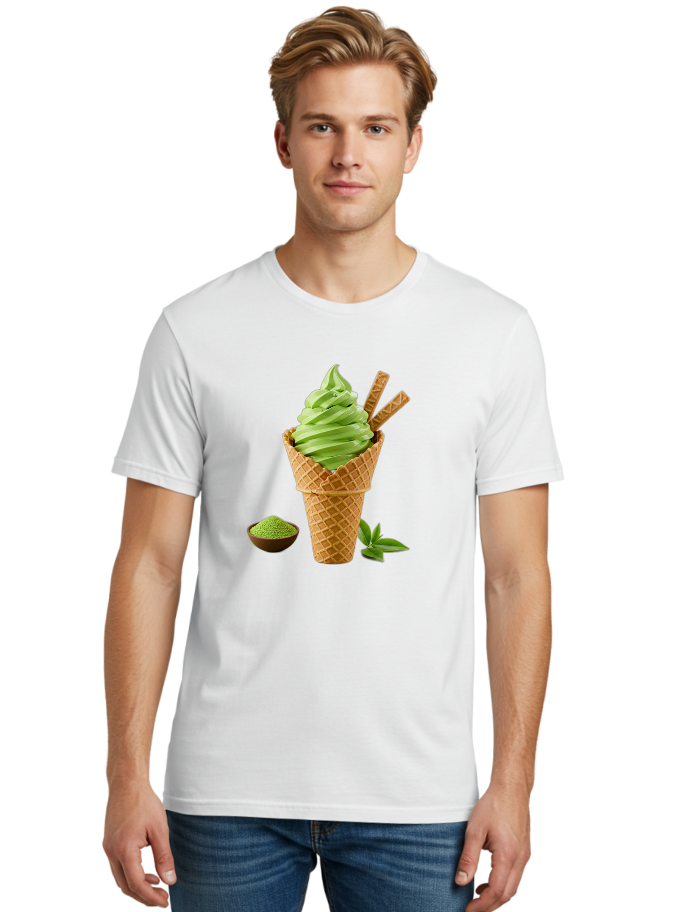 Matcha-Ice-Cream-Cone-1 Men'S Graphic Tee, 100% Cotton, Comfortable Casual Summer Wear, Machine Washable, Matcha Ice Cream Cone, Soft-Serve Ice Cream, Green Tea, Japanese Dessert, Matcha Powder, Summer Treat, Ice Cream, Green Tea Ice Cream, Baa991