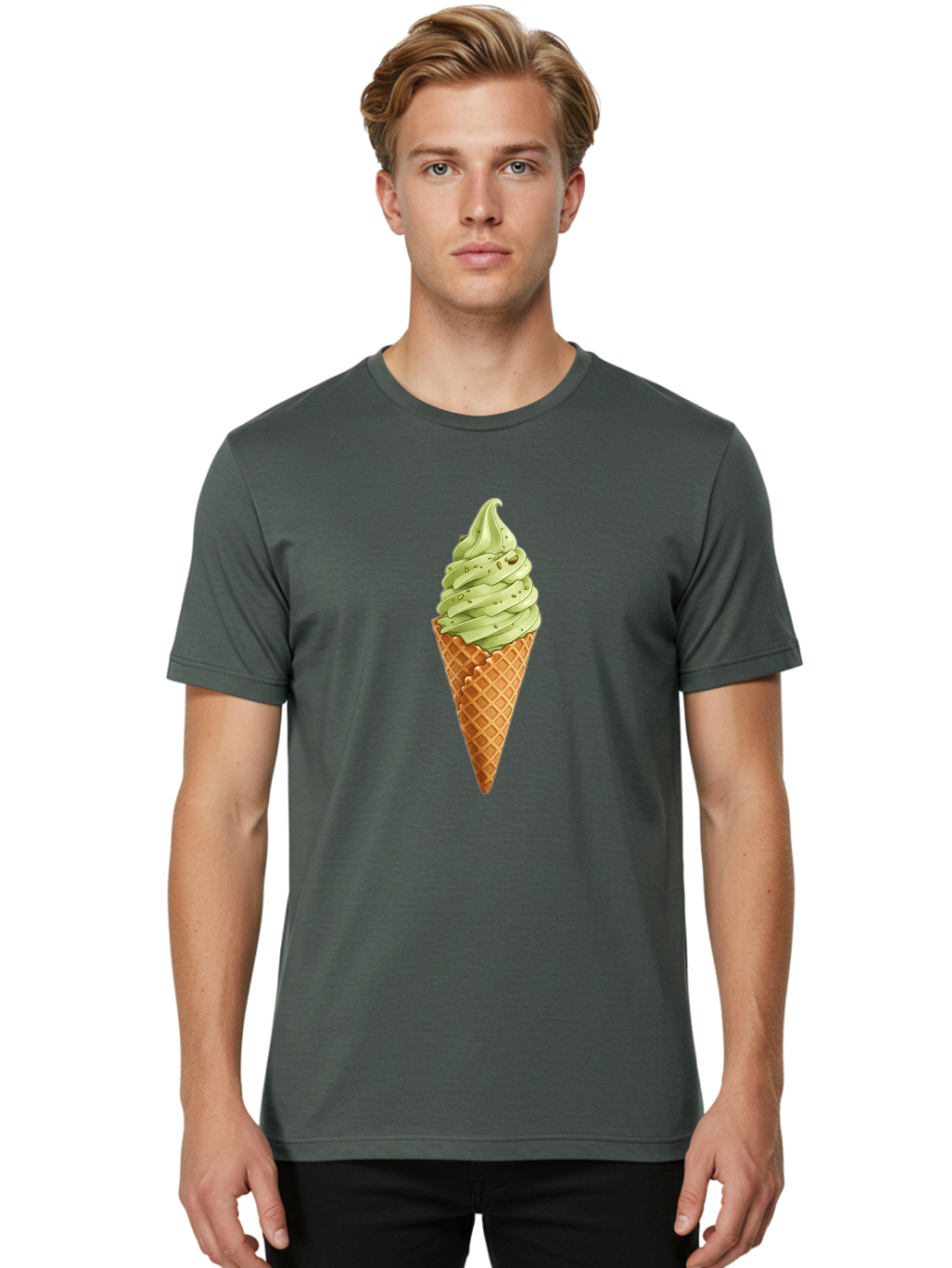 Matcha-Ice-Cream-Cone Men'S Graphic Tee, 100% Cotton, Comfortable Casual Summer Wear, Machine Washable, Matcha Ice Cream, Soft Serve Ice Cream, Waffle Cone, Green Tea Flavor, Sweet Treat, Summer Dessert, Ice Cream Cone, Creamy Texture Baa992