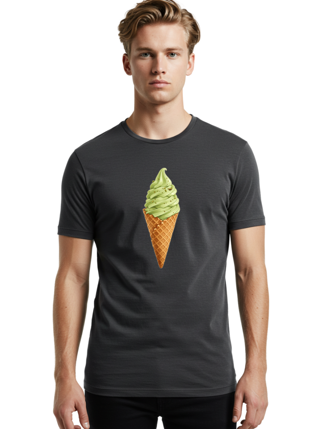 Matcha-Ice-Cream-Cone Men'S Graphic Tee, 100% Cotton, Comfortable Casual Summer Wear, Machine Washable, Matcha Ice Cream, Soft Serve Ice Cream, Waffle Cone, Green Tea Flavor, Sweet Treat, Summer Dessert, Ice Cream Cone, Creamy Texture Baa992