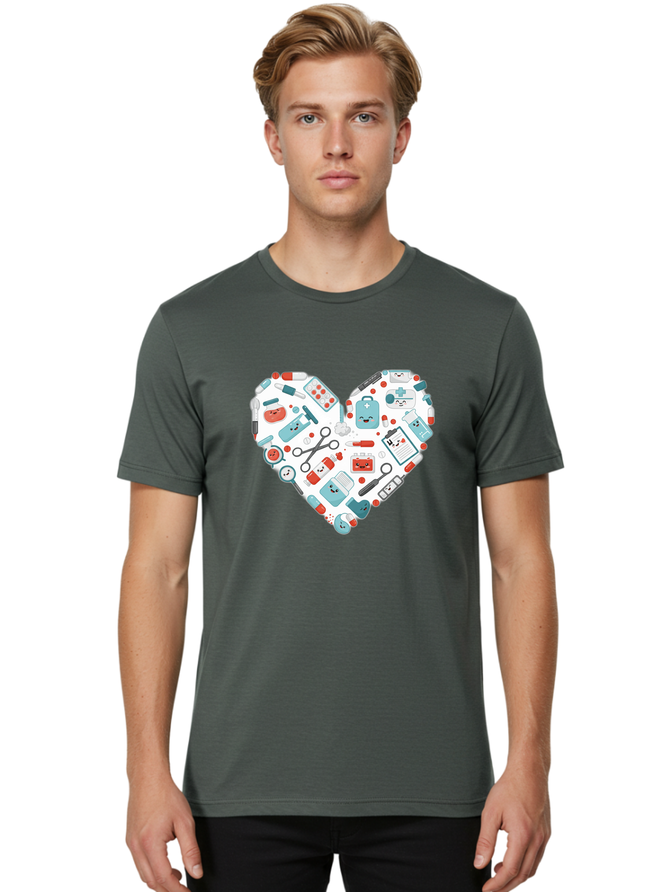 Medical-Heart Men'S Graphic Tee, 100% Cotton, Comfortable Casual Summer Wear, Machine Washable, Heart Shape, Medical Supplies, Healthcare Symbols, First Aid Kit, Medical Tools, Healthcare Icons, Medical Equipment, Health Care, Medical Kit, Baa995