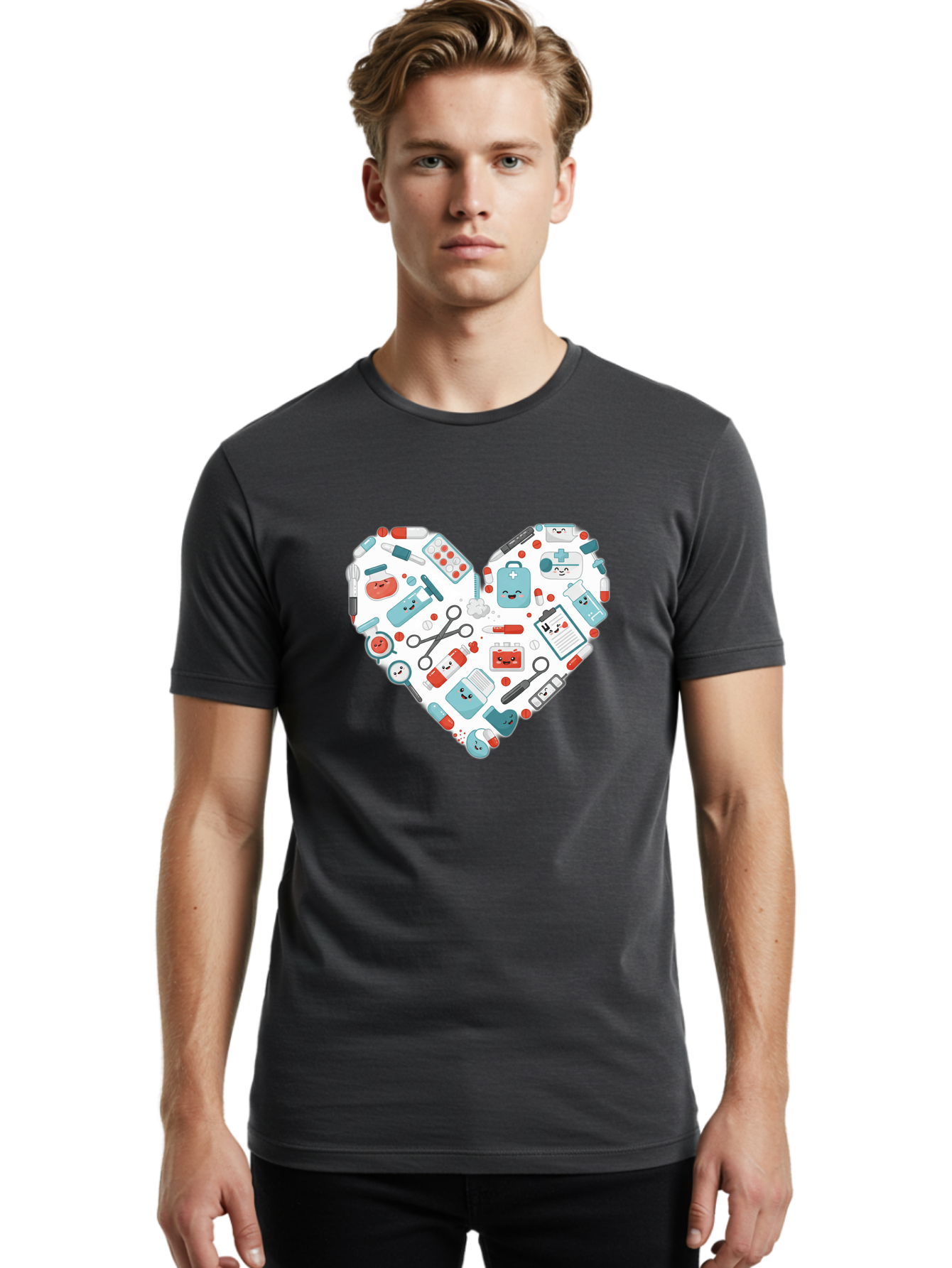 Medical-Heart Men'S Graphic Tee, 100% Cotton, Comfortable Casual Summer Wear, Machine Washable, Heart Shape, Medical Supplies, Healthcare Symbols, First Aid Kit, Medical Tools, Healthcare Icons, Medical Equipment, Health Care, Medical Kit, Baa995