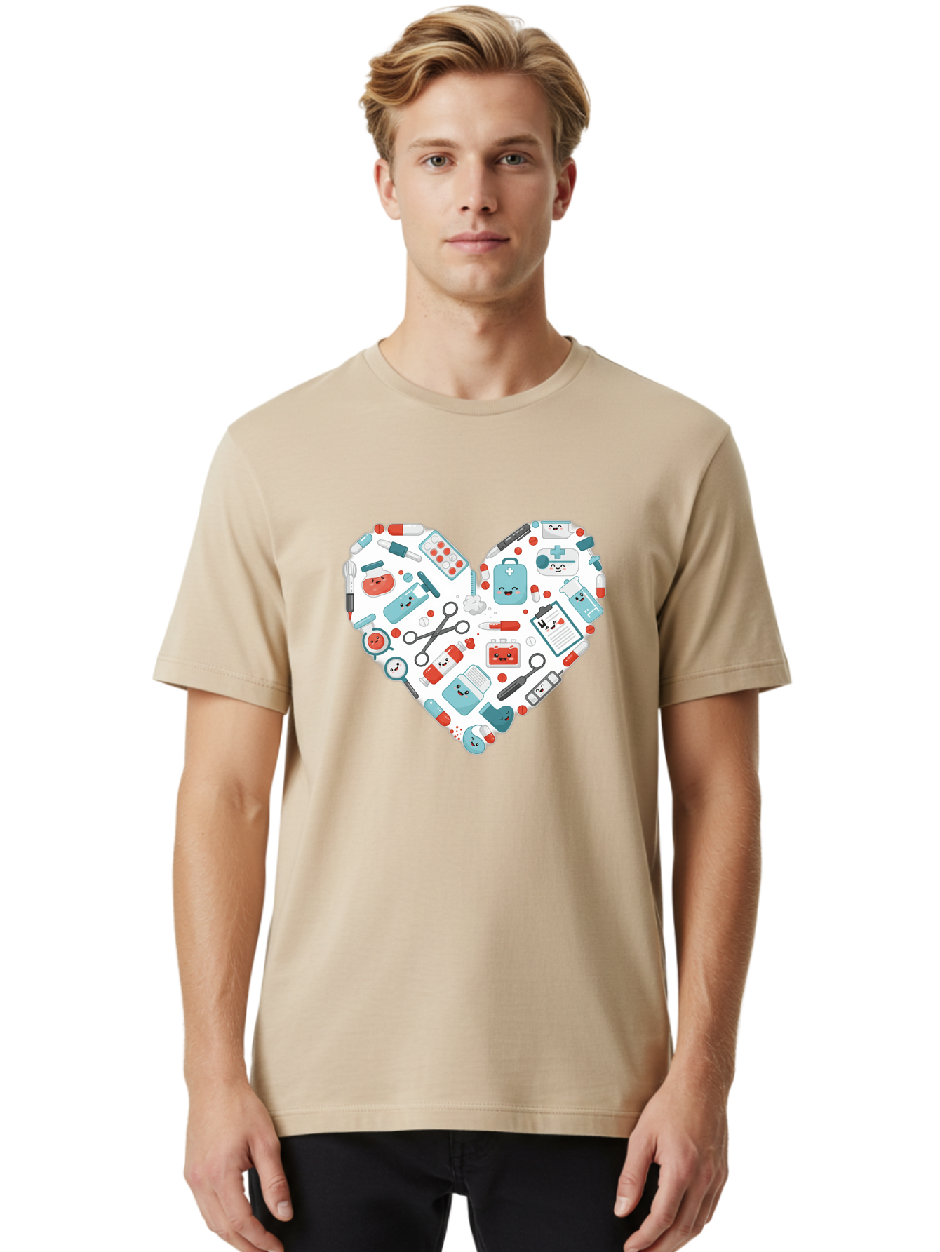Medical-Heart Men'S Graphic Tee, 100% Cotton, Comfortable Casual Summer Wear, Machine Washable, Heart Shape, Medical Supplies, Healthcare Symbols, First Aid Kit, Medical Tools, Healthcare Icons, Medical Equipment, Health Care, Medical Kit, Baa995