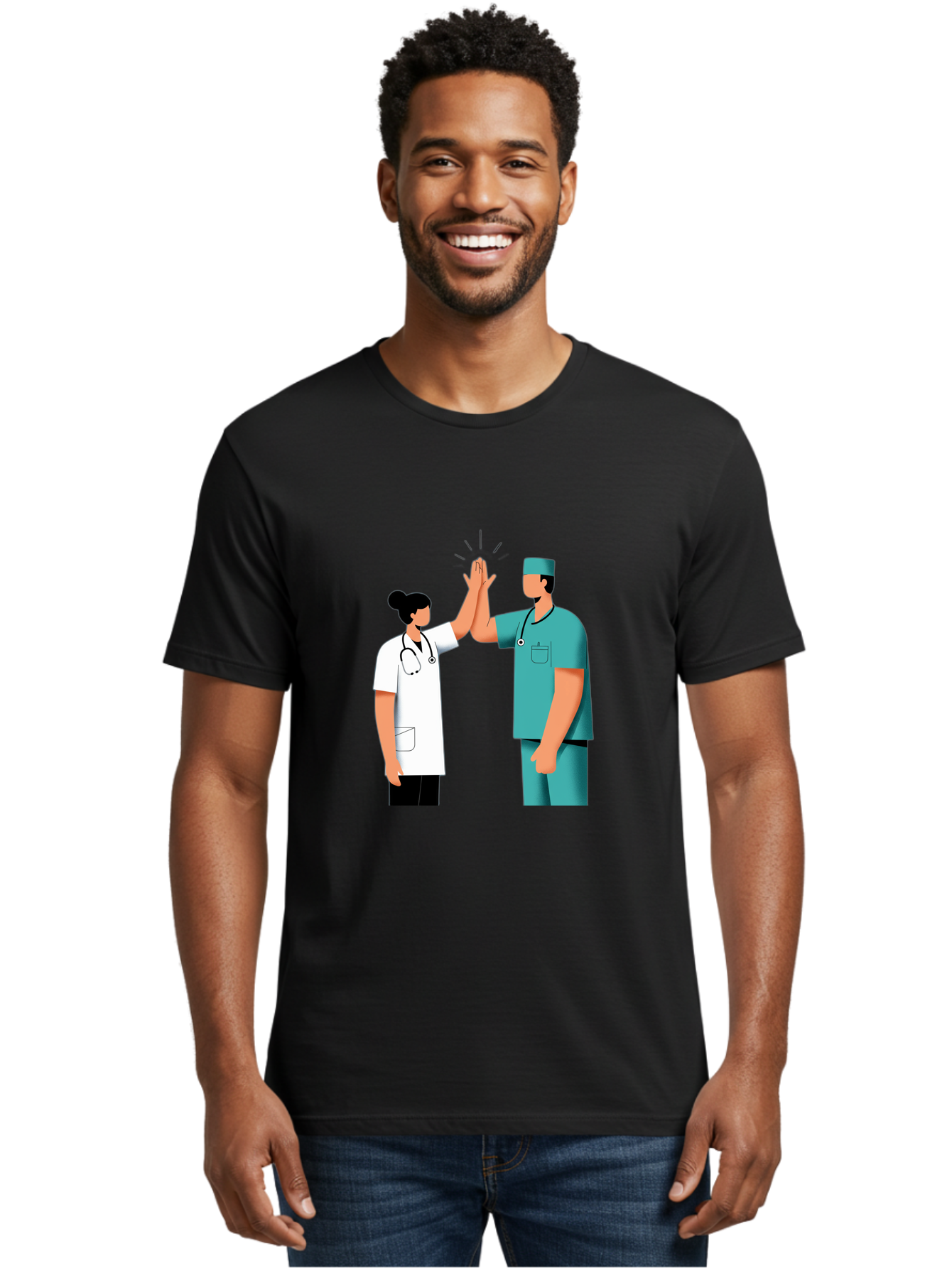 Medical-Professionals-High-Five Men'S Graphic Tee, 100% Cotton, Comfortable Casual Summer Wear, Machine Washable, Doctors Giving High Five, Medical Professionals, Teamwork, Healthcare Workers, Stethoscope, Medical Scrubs, Teamwork Success, Baa997